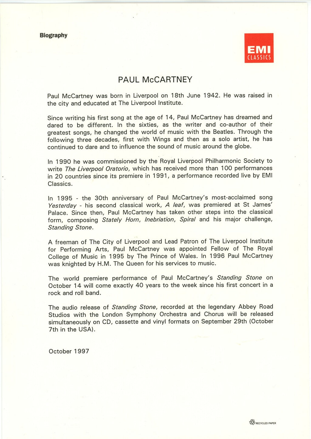 Paul McCartney Standing Stone Press Kit 1997
