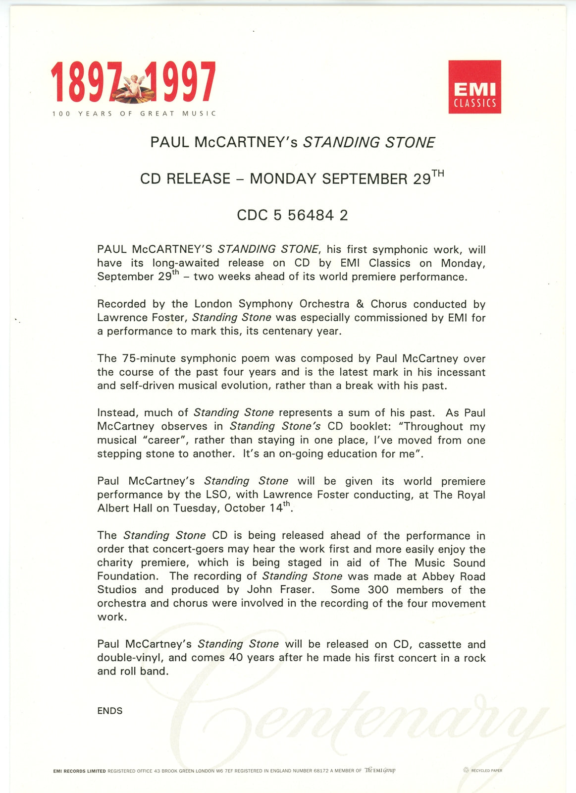 Paul McCartney Standing Stone Press Kit 1997