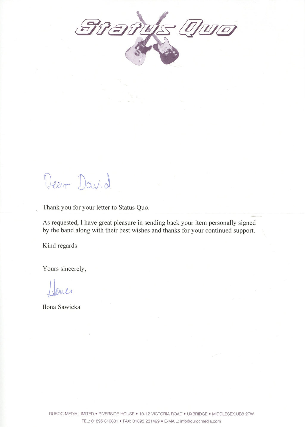 Status Quo signed birthday card