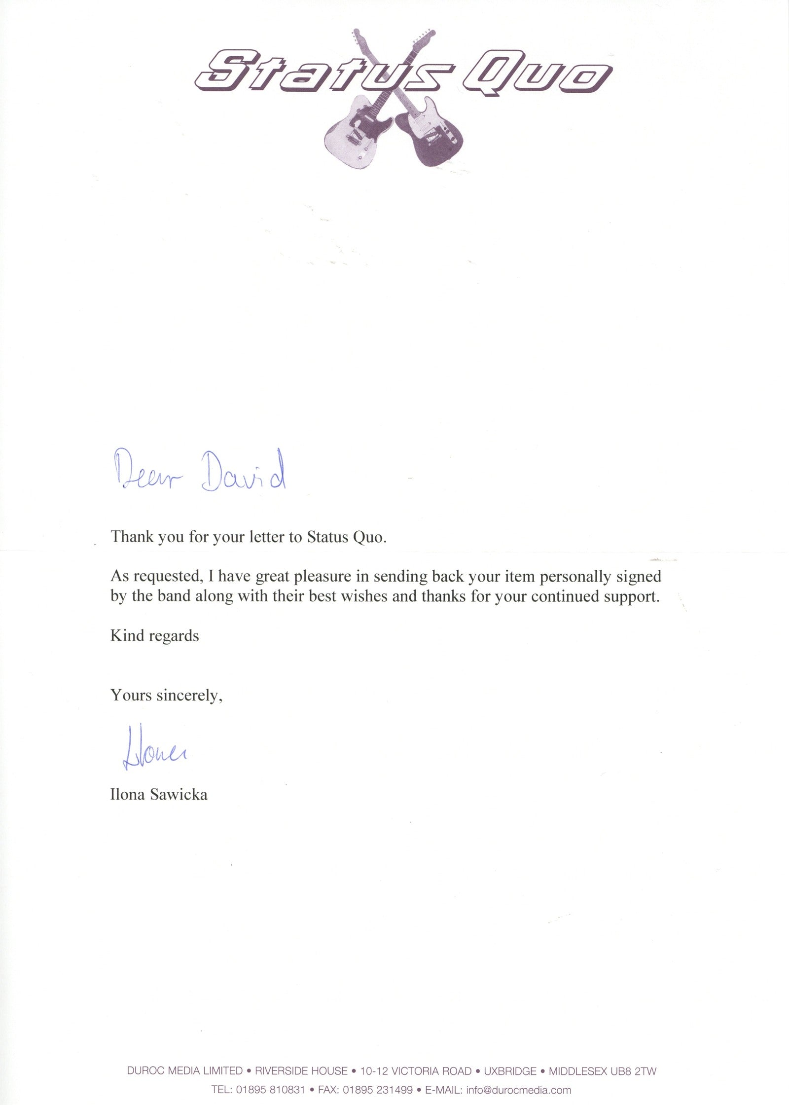 Status Quo signed birthday card