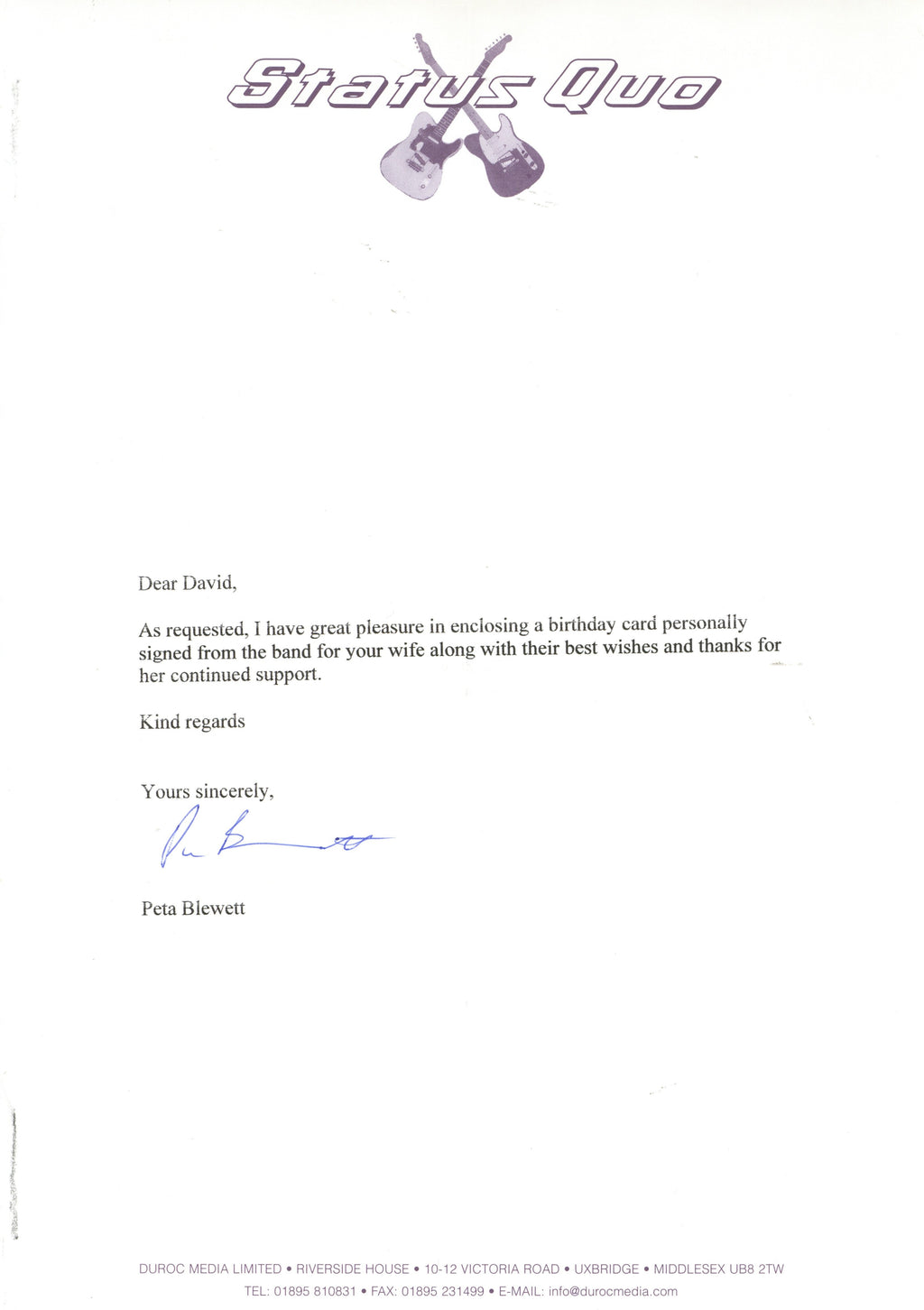 Status Quo signed birthday card
