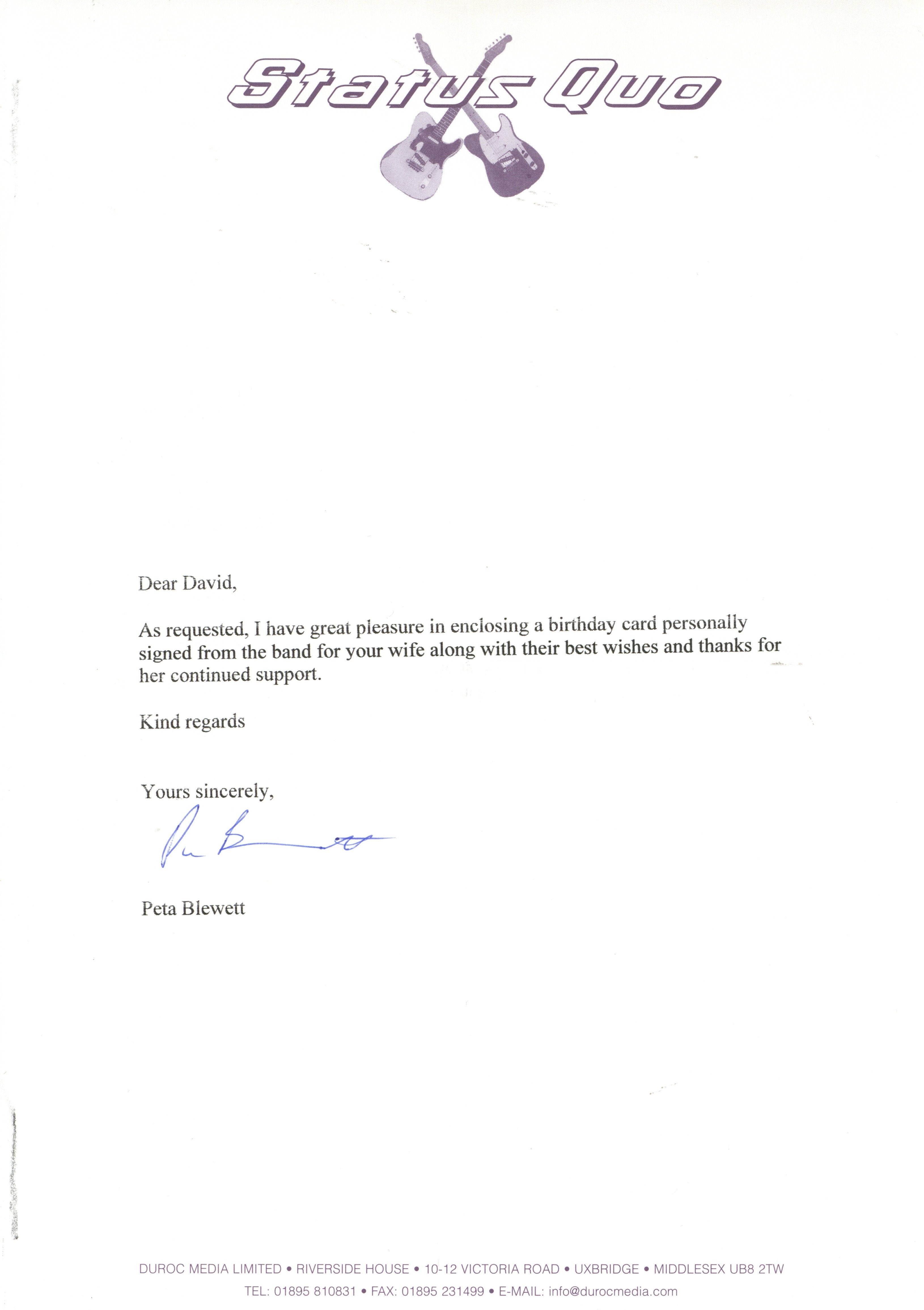 Status Quo signed birthday card