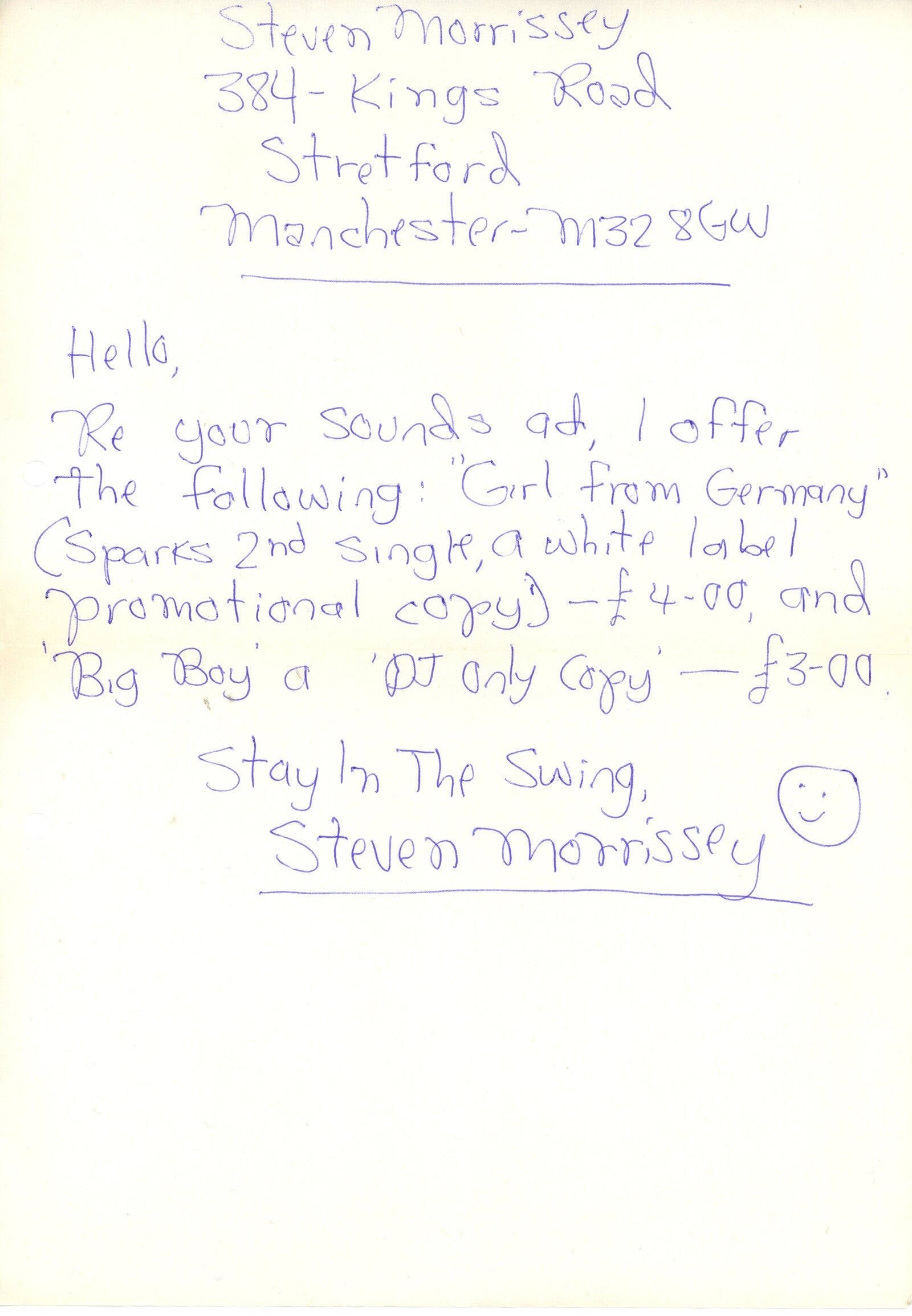 Steven Morrissey (The Smiths) Handwritten letter 1979