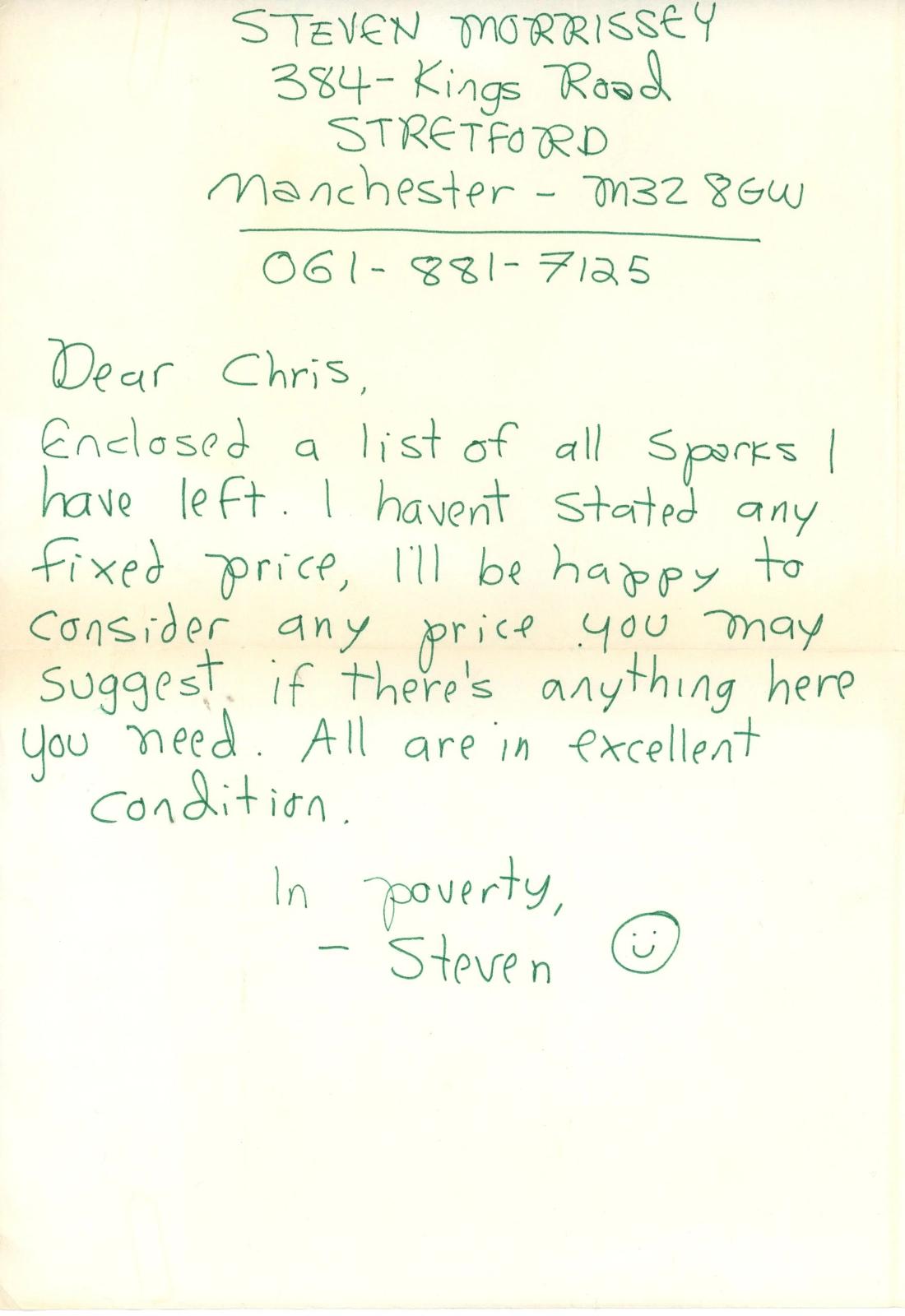 Steven Morrissey (The Smiths) Handwritten letter 1979