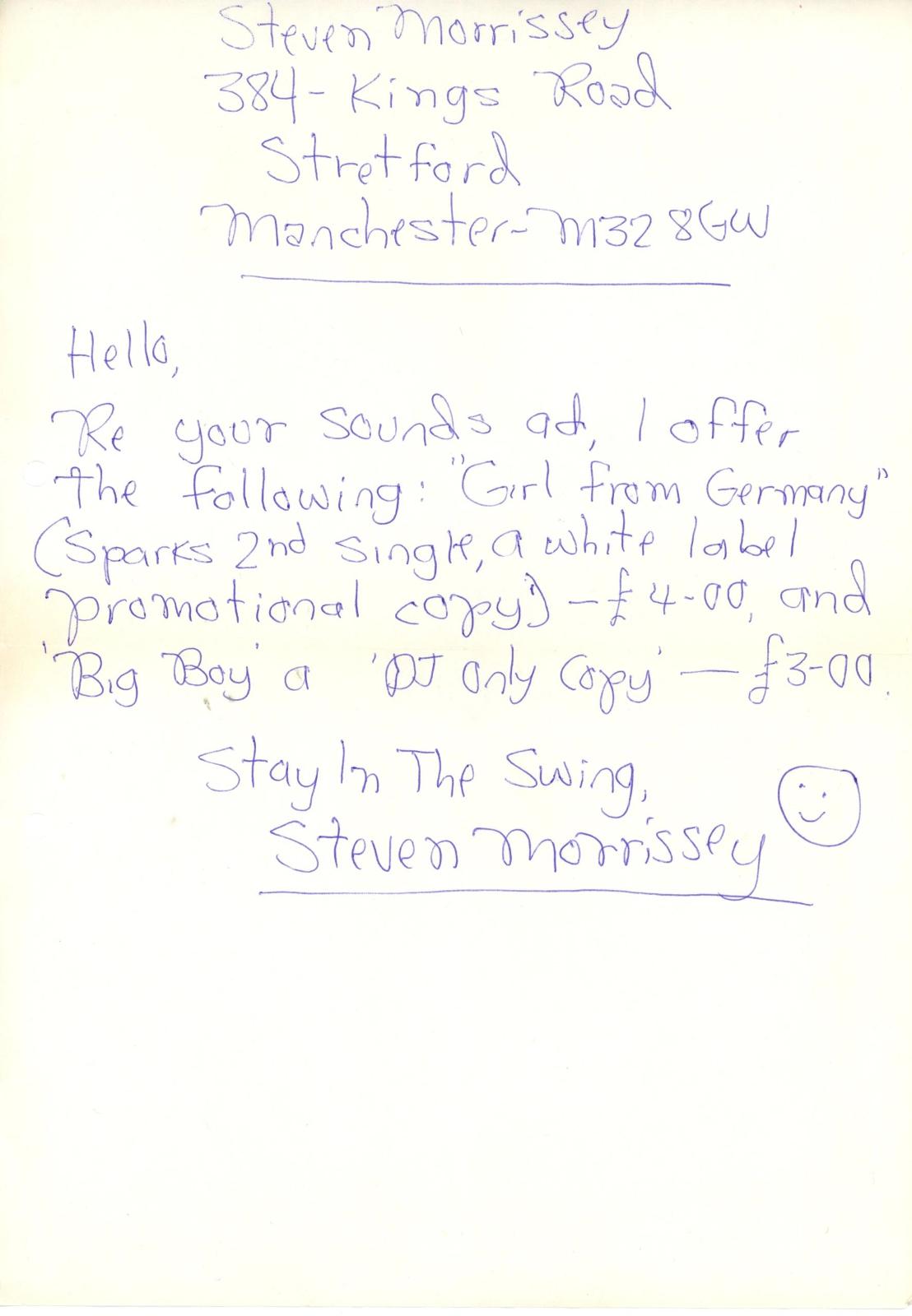 Steven Morrissey (The Smiths) Handwritten letter 1979