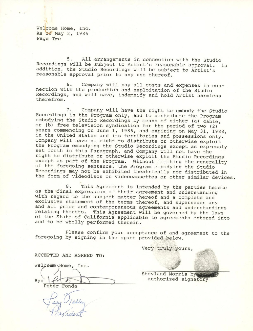 Stevie Wonder Fingerprint signed Welcome Home Concert contract 1986