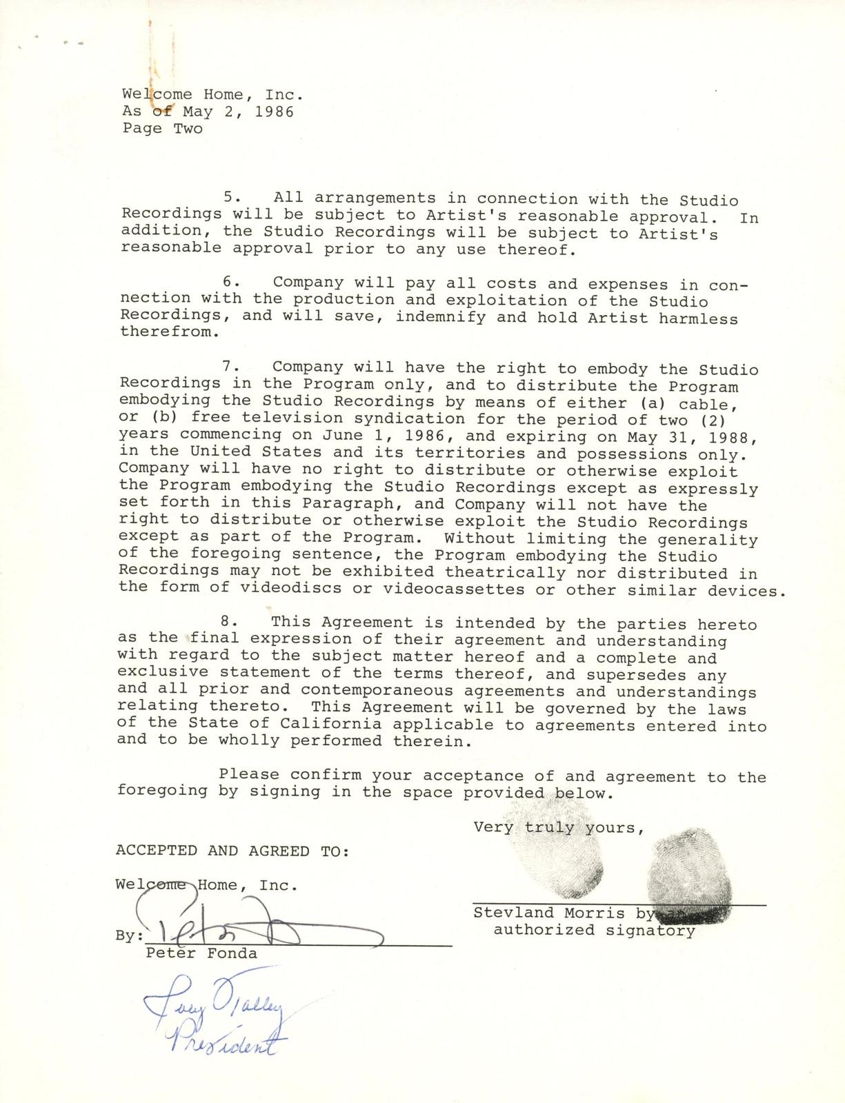 Stevie Wonder Fingerprint signed Welcome Home Concert contract 1986