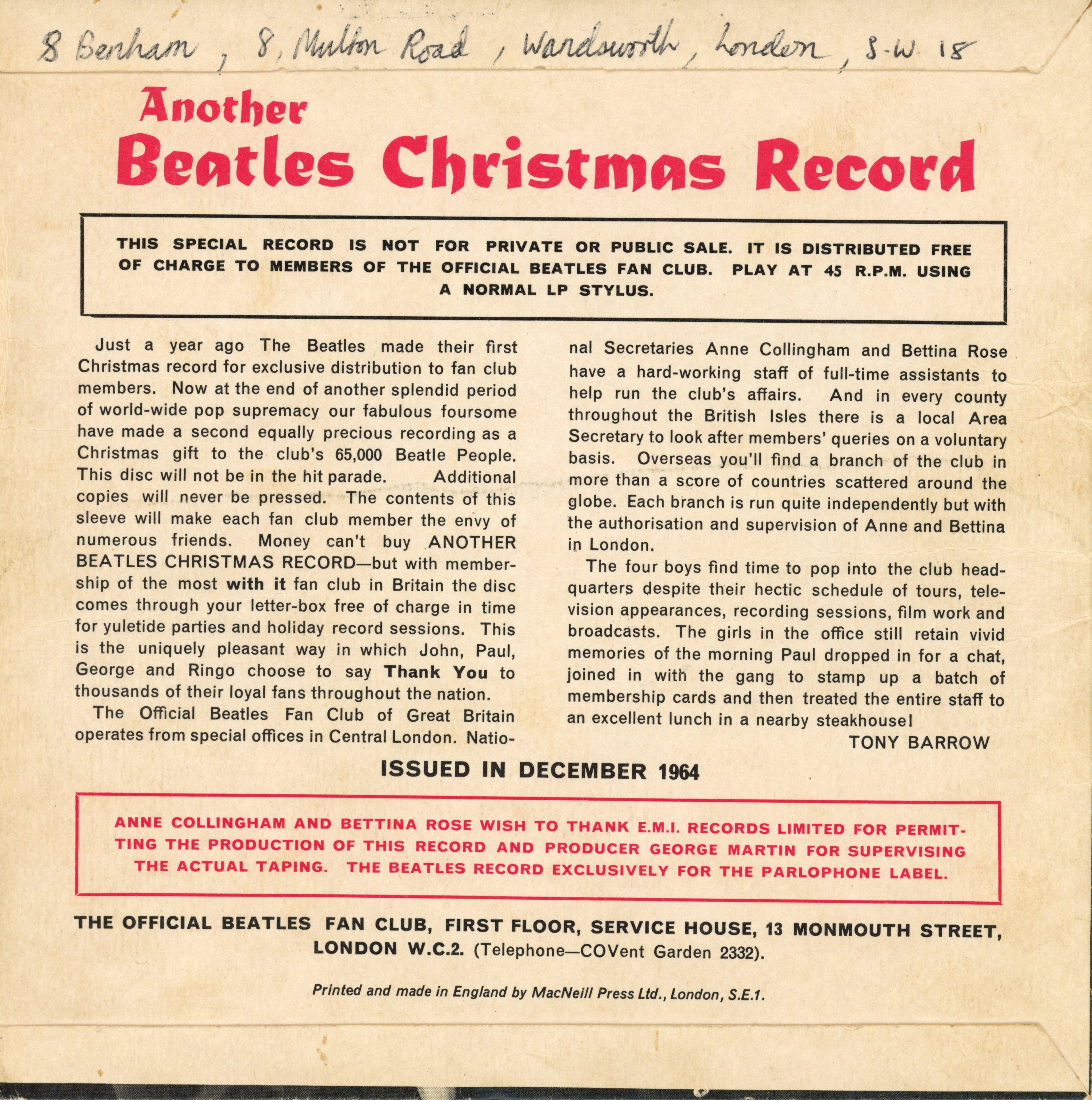 The Beatles 1964 Christmas Flexi Record with mailer and inserts
