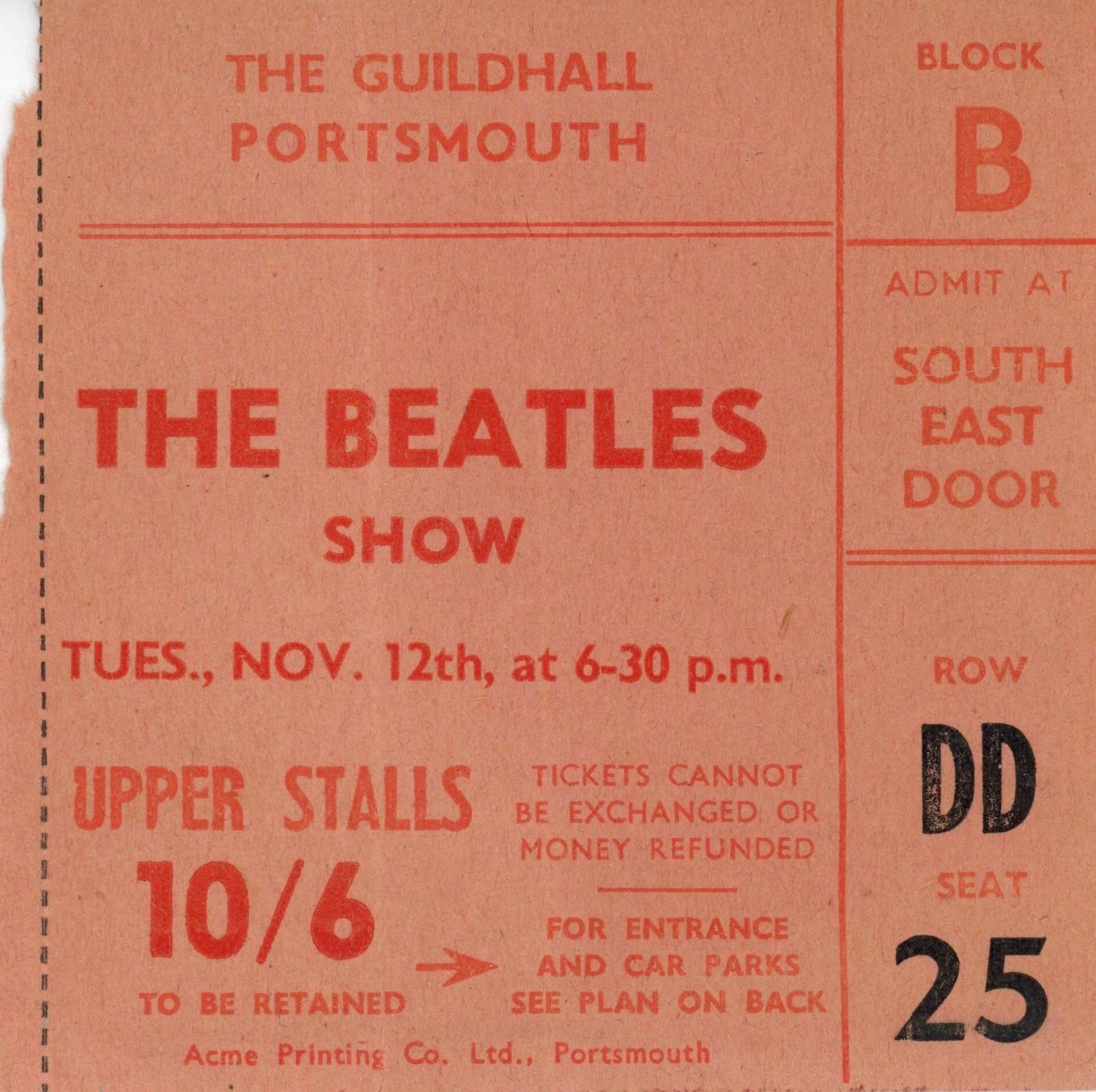 The Beatles Guildhall Portsmouth 1963 Concert Ticket Stub