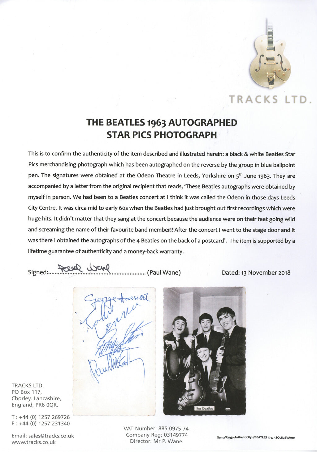 The Beatles signed Star Pics promotional card Leeds 1963