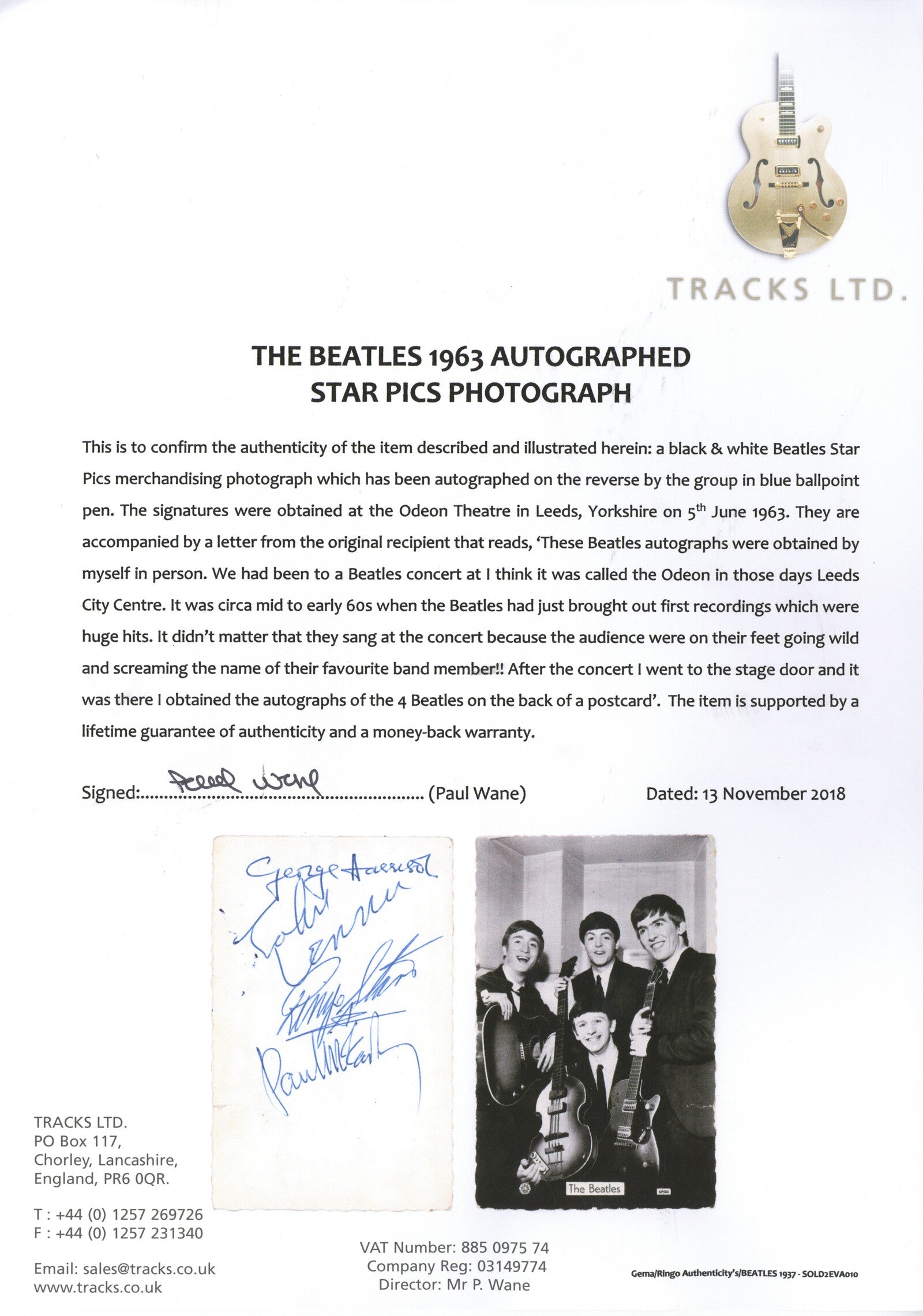 The Beatles signed Star Pics promotional card Leeds 1963