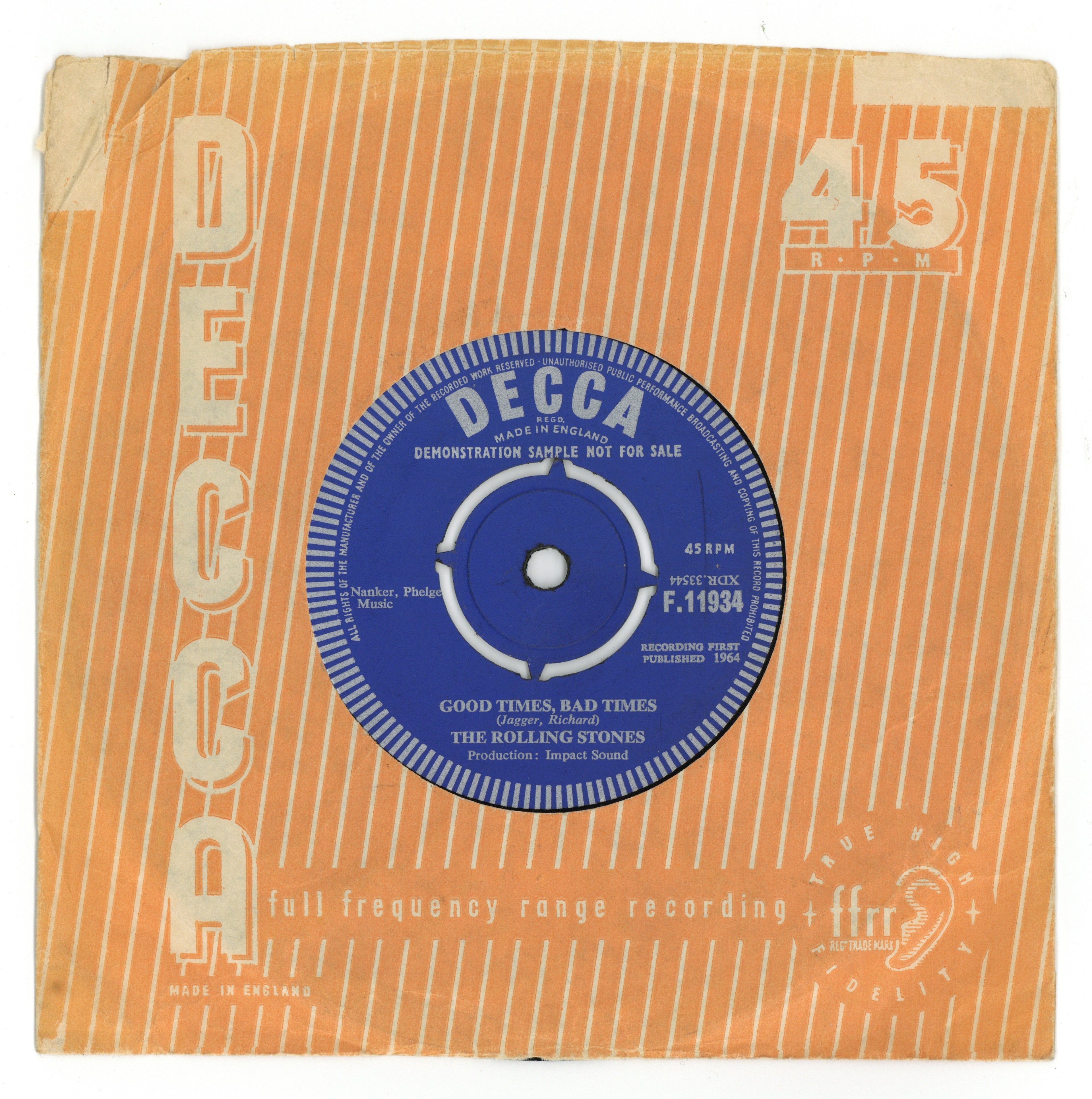 The Rolling Stones “Good Times, Bad Times” 7-Inch Demonstration Record