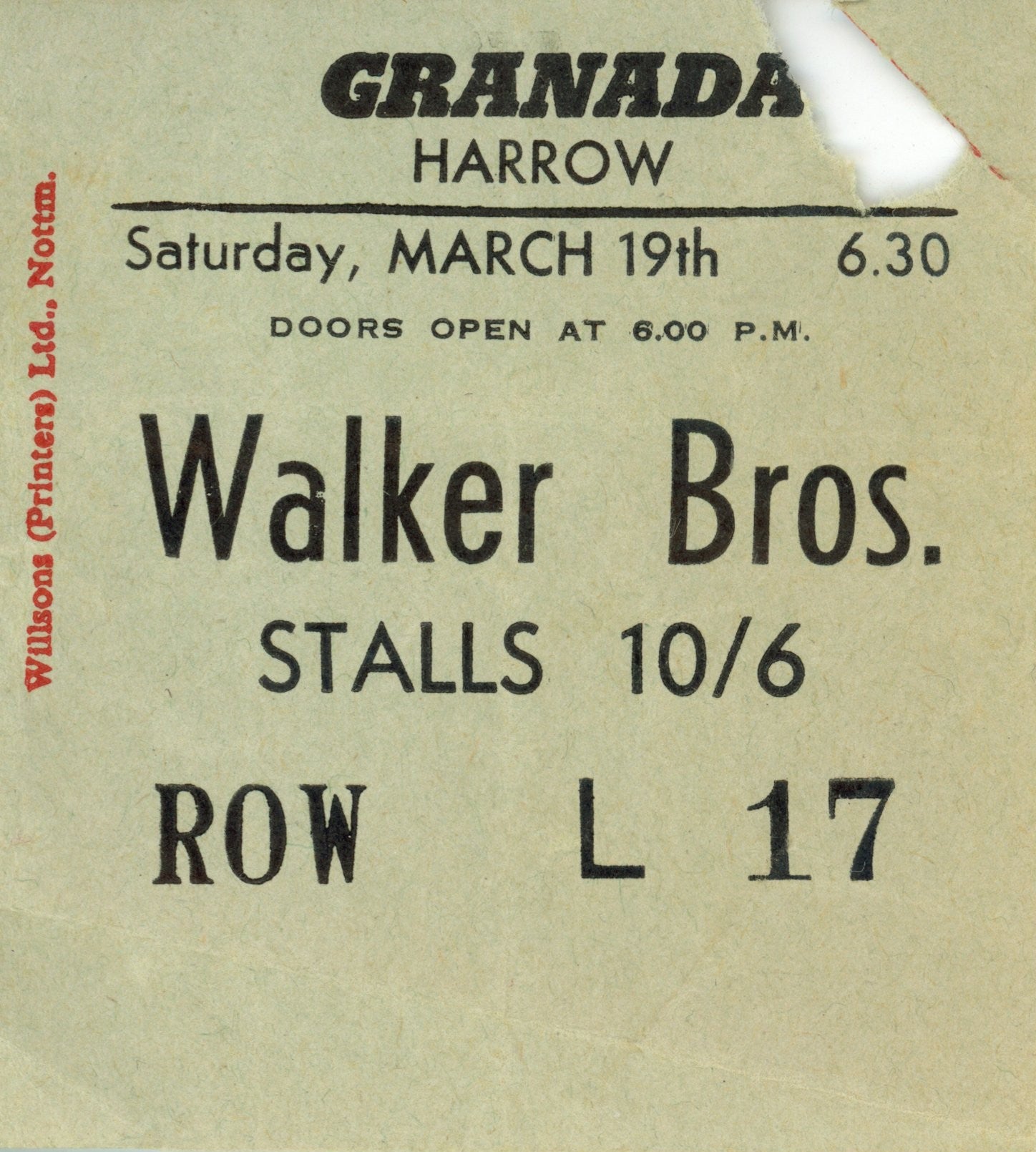 The Walker Brothers Granada Theatre Handbill and ticket stub