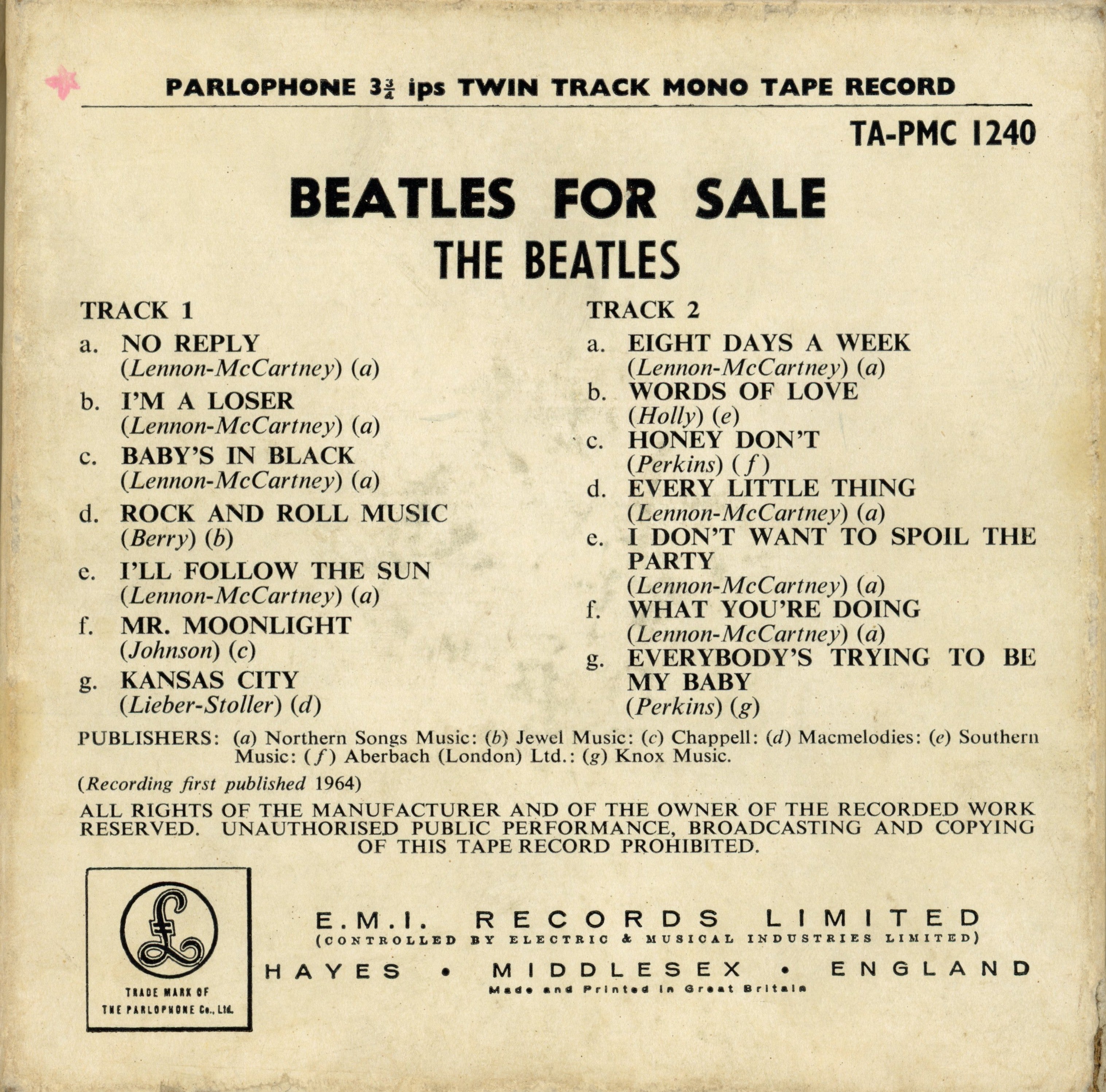 Beatles For Sale 1965 Mono Reel To Reel Tape