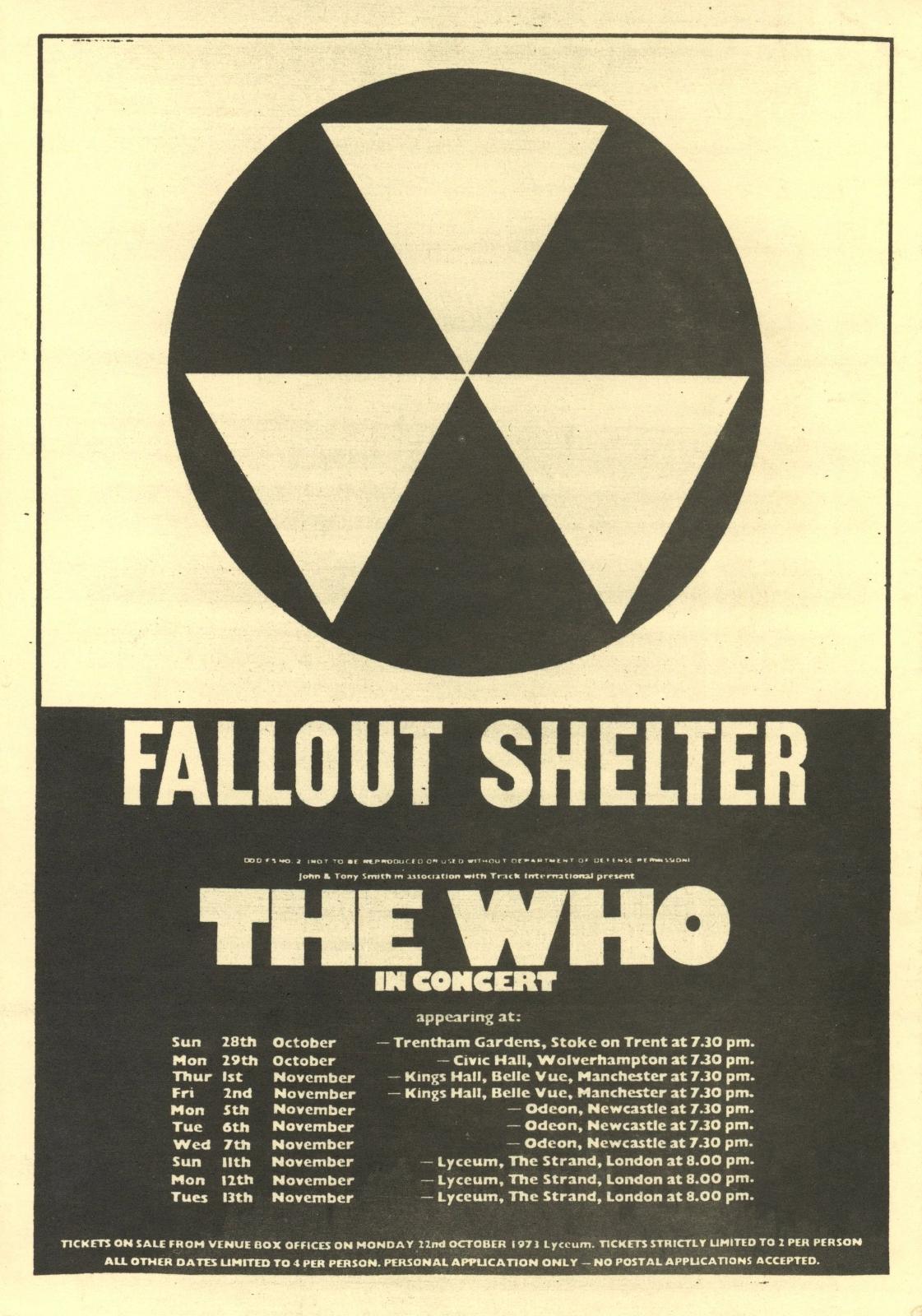 The Who Fallout Shelter UK Tour advertisement flyer 1973
