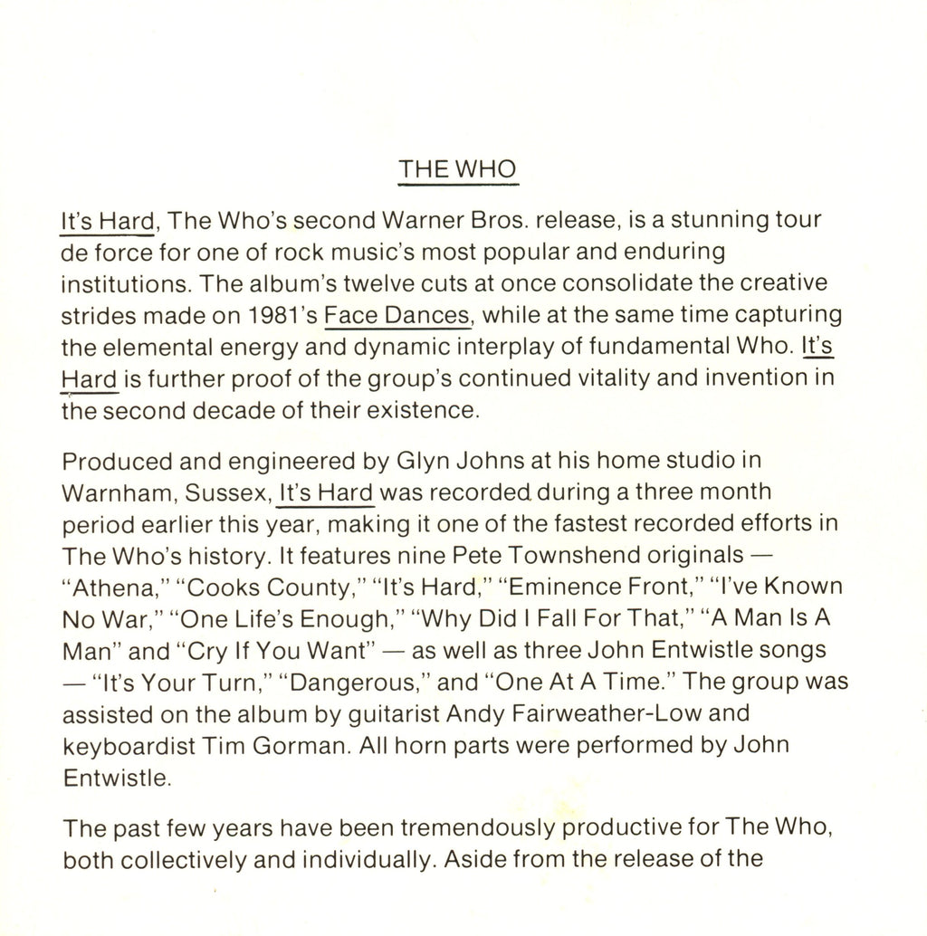 The Who “Its Hard” 1982 USA press kit