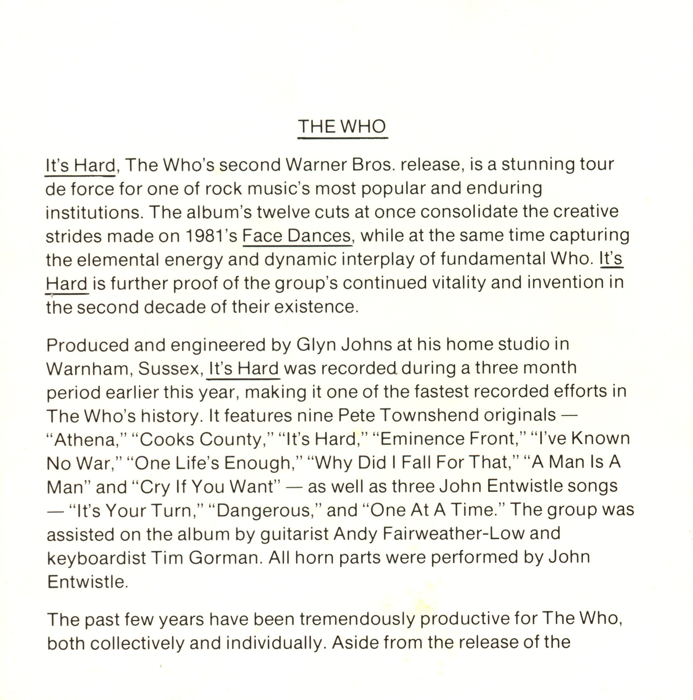 The Who “Its Hard” 1982 USA press kit
