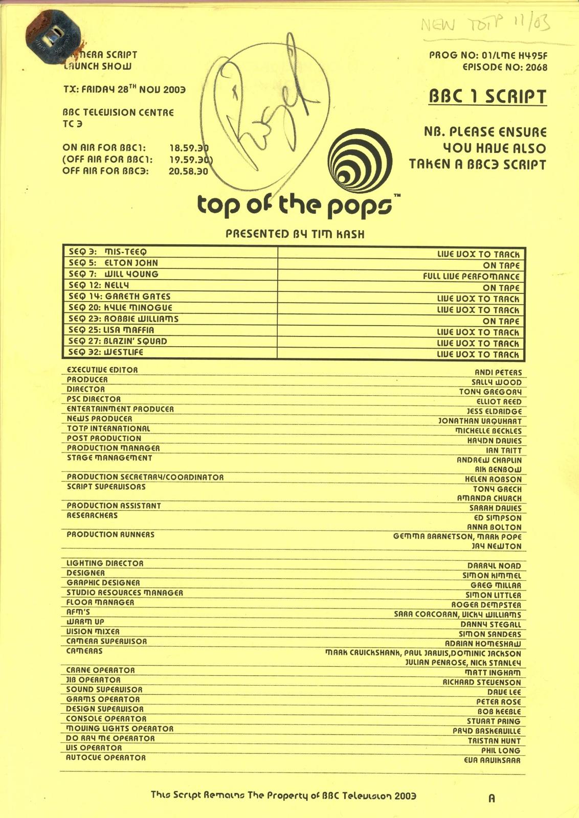 BBC script for a Top of the Pops show aired on the 28th of November 2003