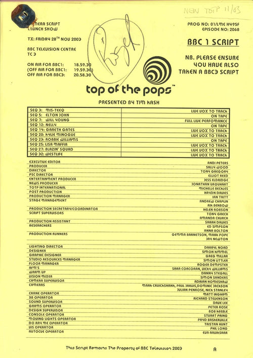 BBC script for a Top of the Pops show aired on the 28th of November 2003