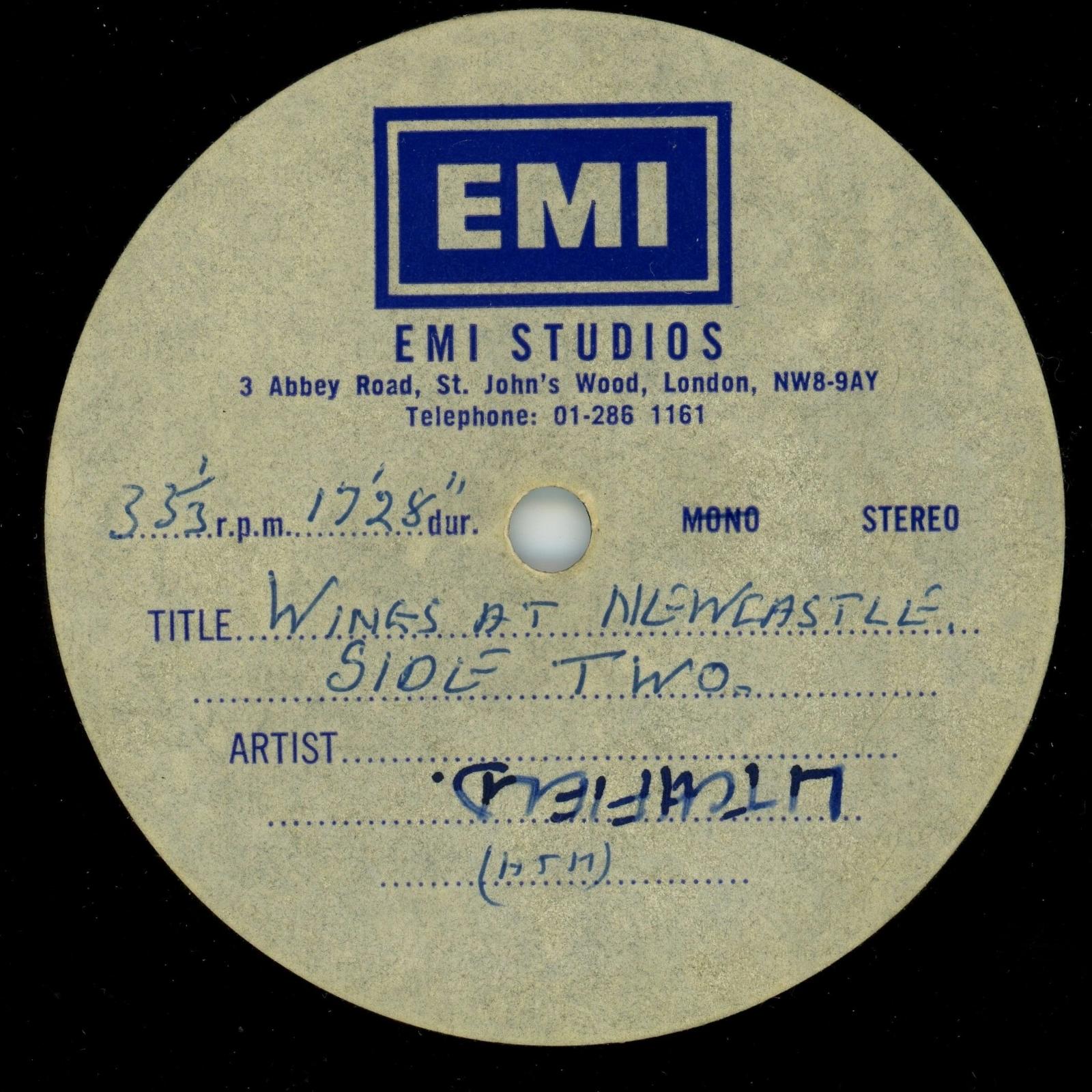 Paul McCartney and wings Live at Newcastle Abbey Road Studios Acetate