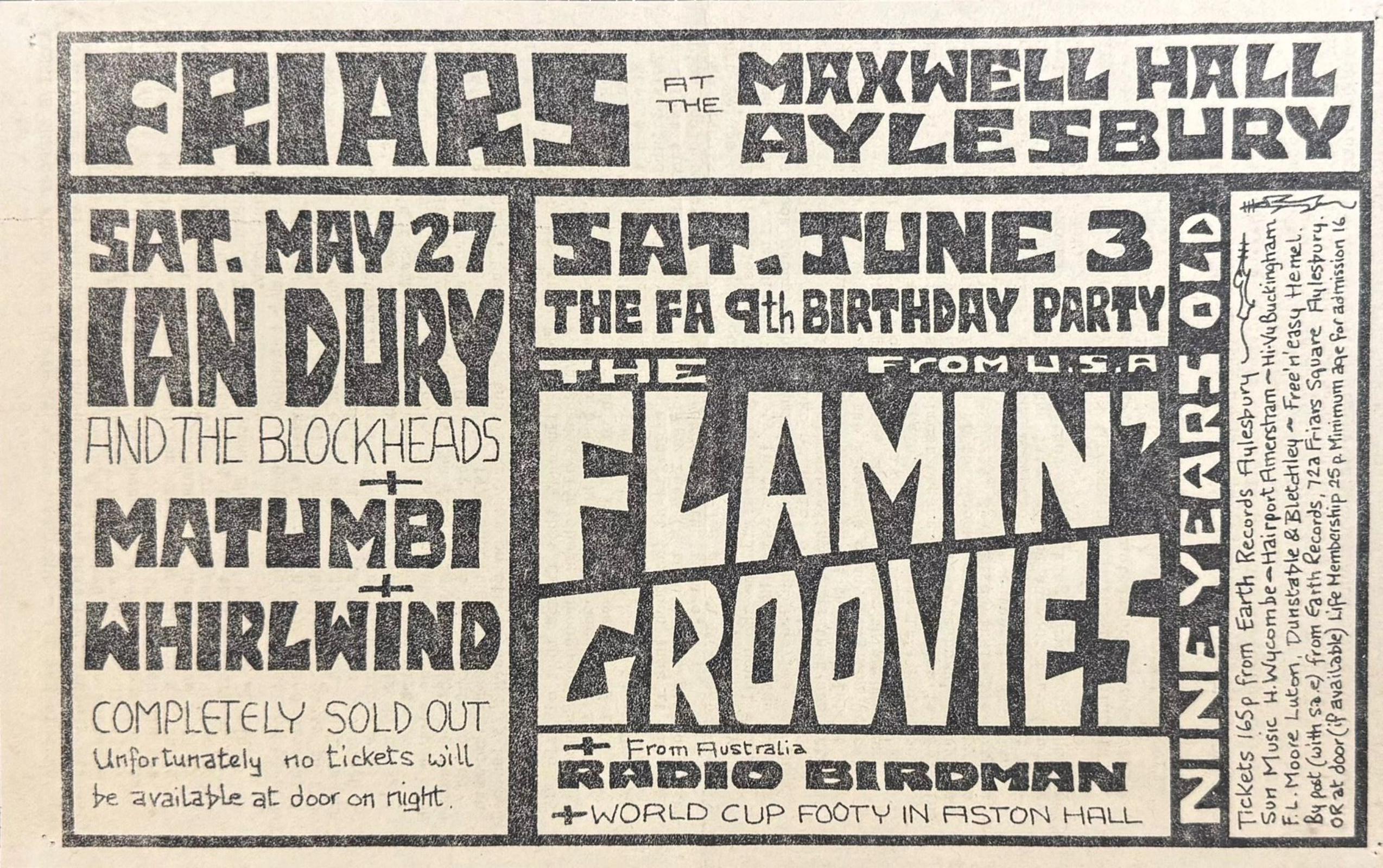 Ian Dury and the Blockheads Friars Aylesbury flyer