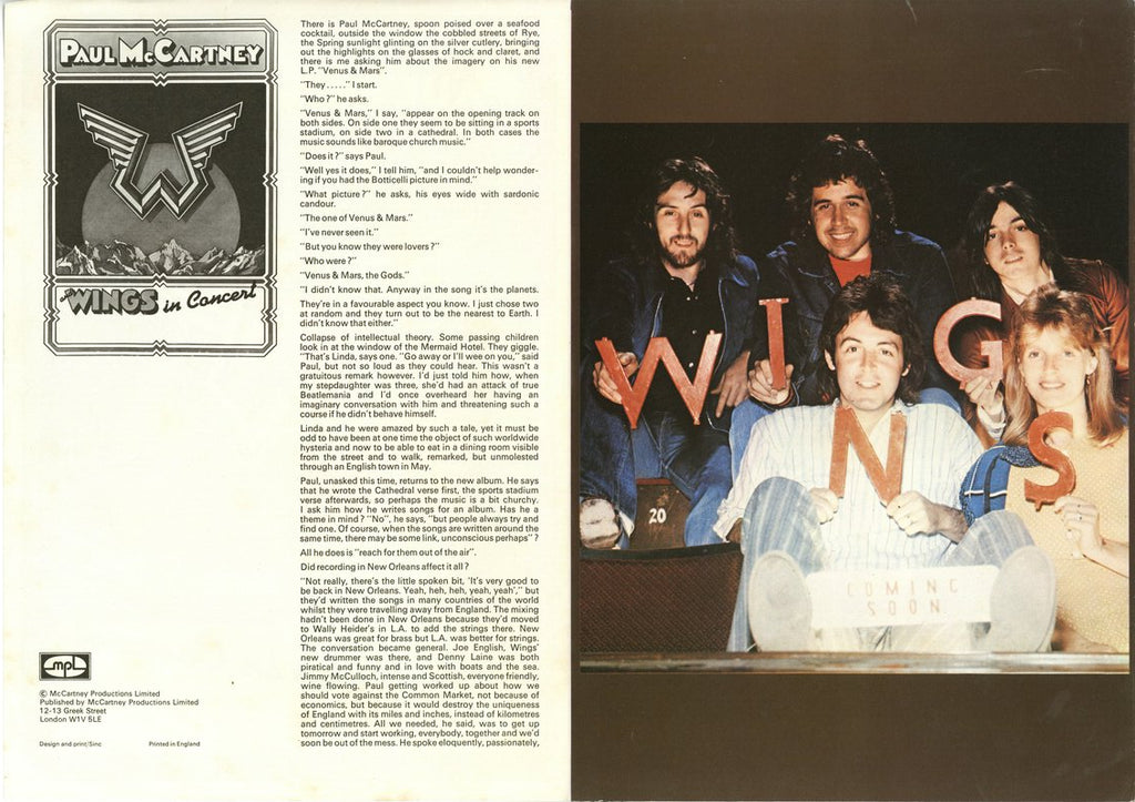Paul McCartney and Wings 1975 UK Tour concert programme