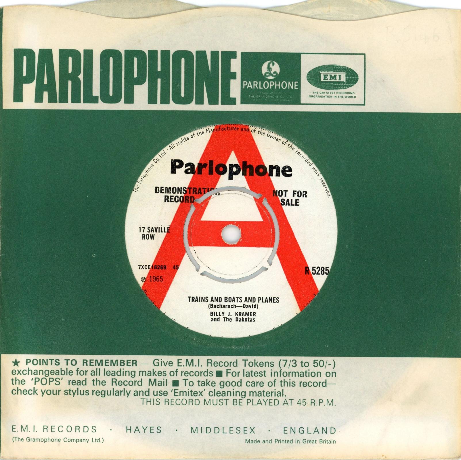 Billy J Karmer with The Dakotas 1964 Trains And Boats And Planes Parlophone A Label Demo 7 Inch