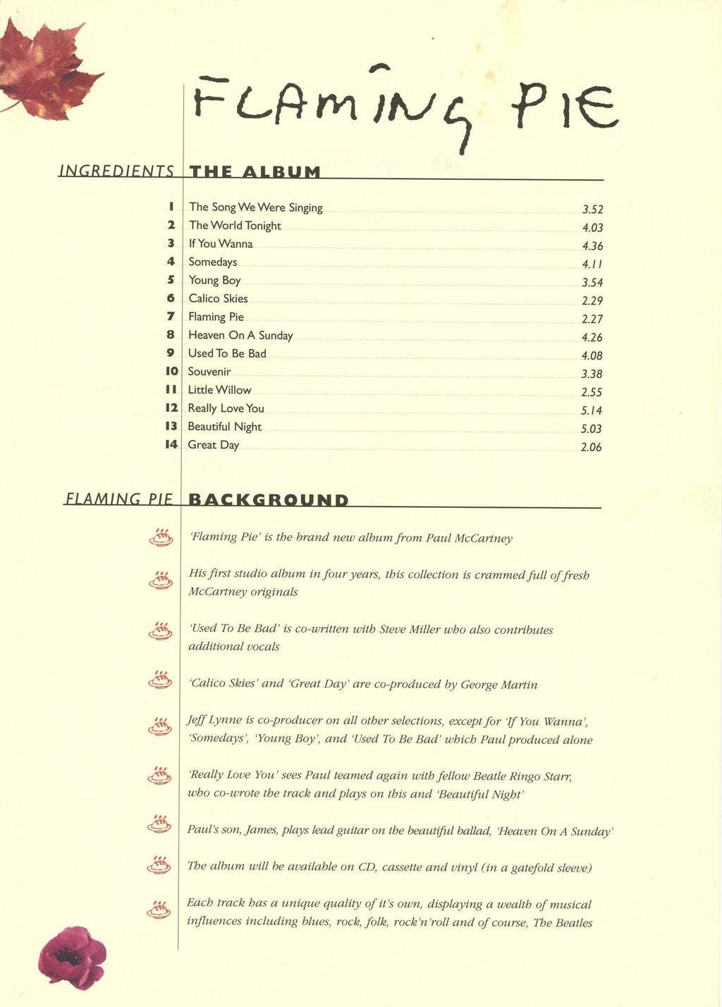 Paul McCartney Flaming Pie Press kit 1997