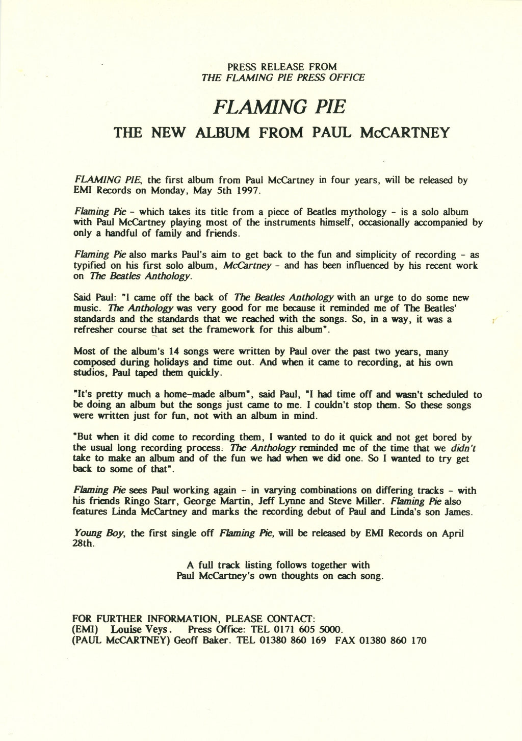 Paul McCartney Flaming Pie Press kit 1997