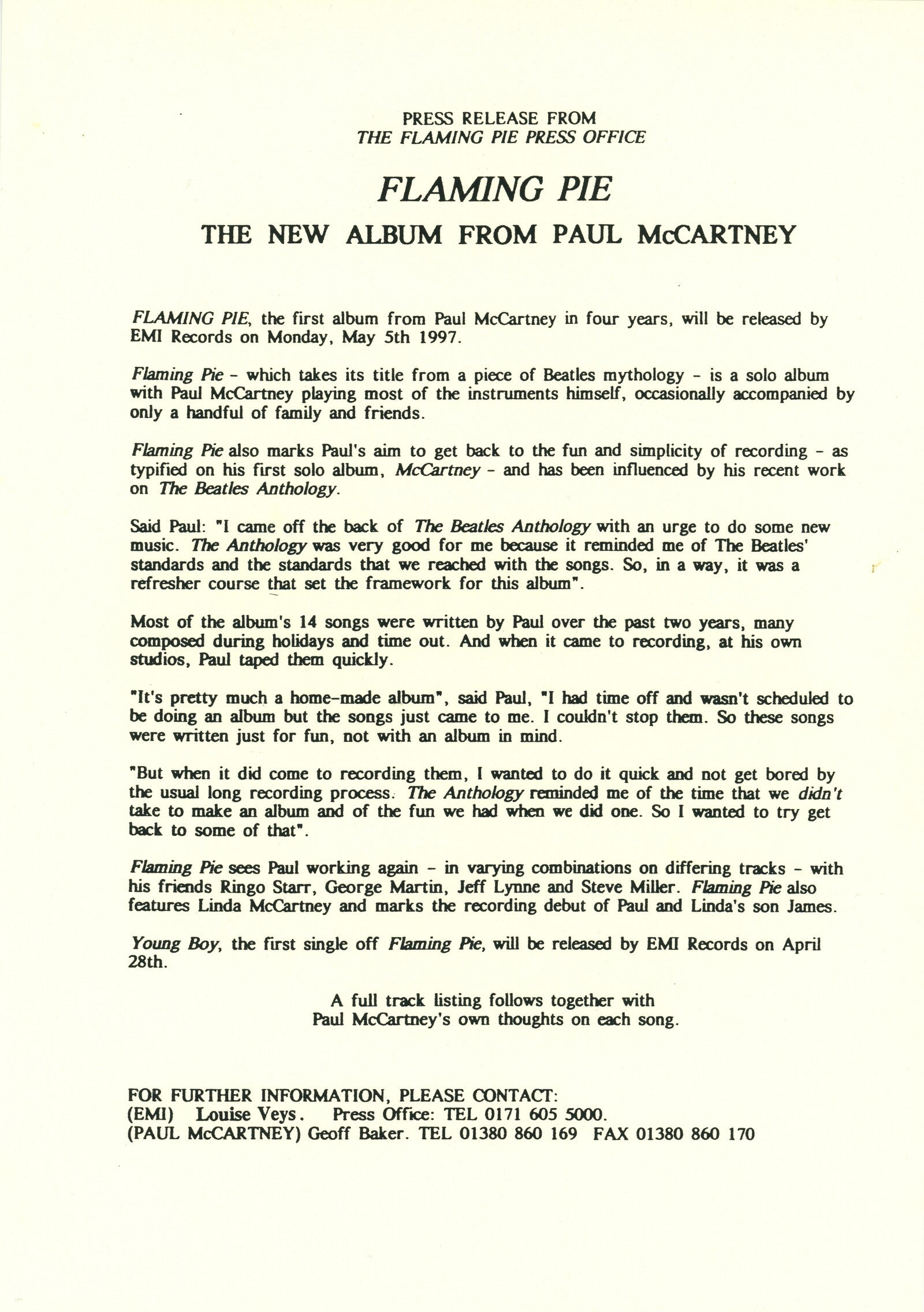 Paul McCartney Flaming Pie Press kit 1997