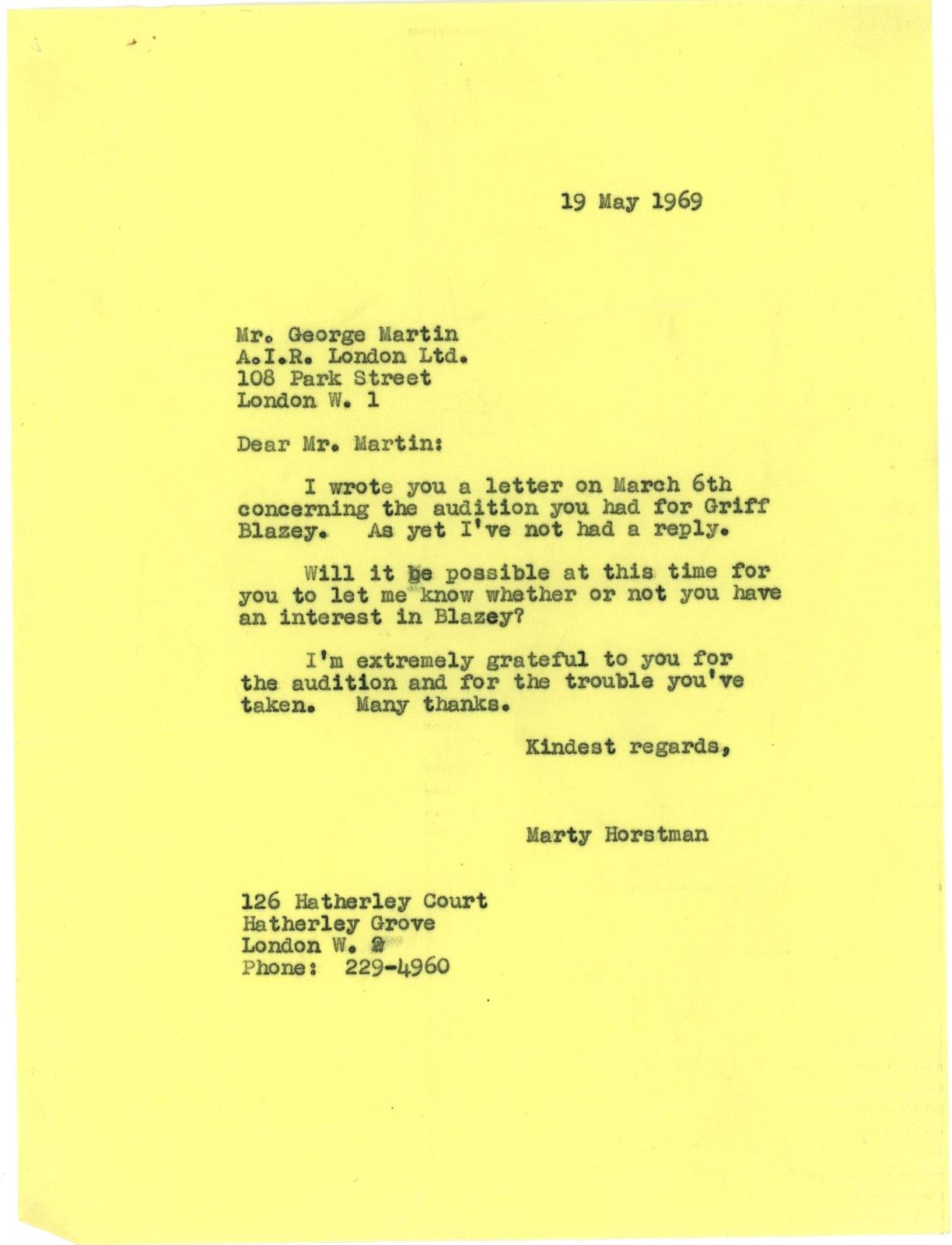 A carbon letter sent to George Martin 1969