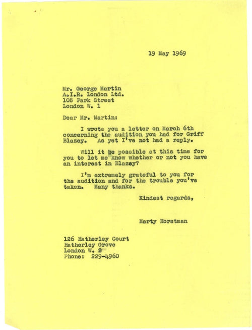 A carbon letter sent to George Martin 1969