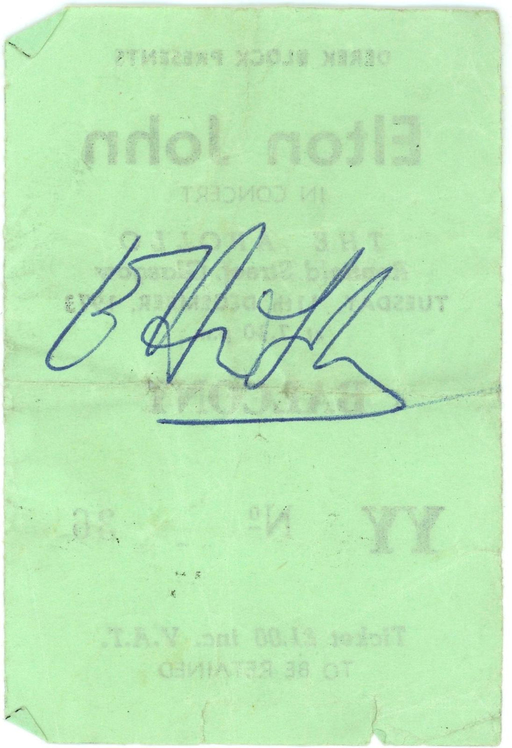 Elton John signed ticket Apollo Glasgow 11th of December 1973