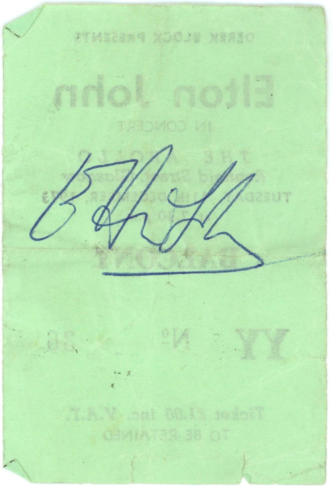 Elton John signed ticket Apollo Glasgow 11th of December 1973