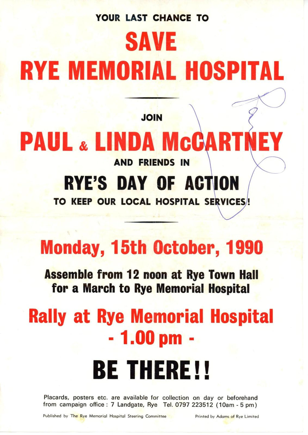 Rye Hospital Memorial Flyer signed by Paul McCartney