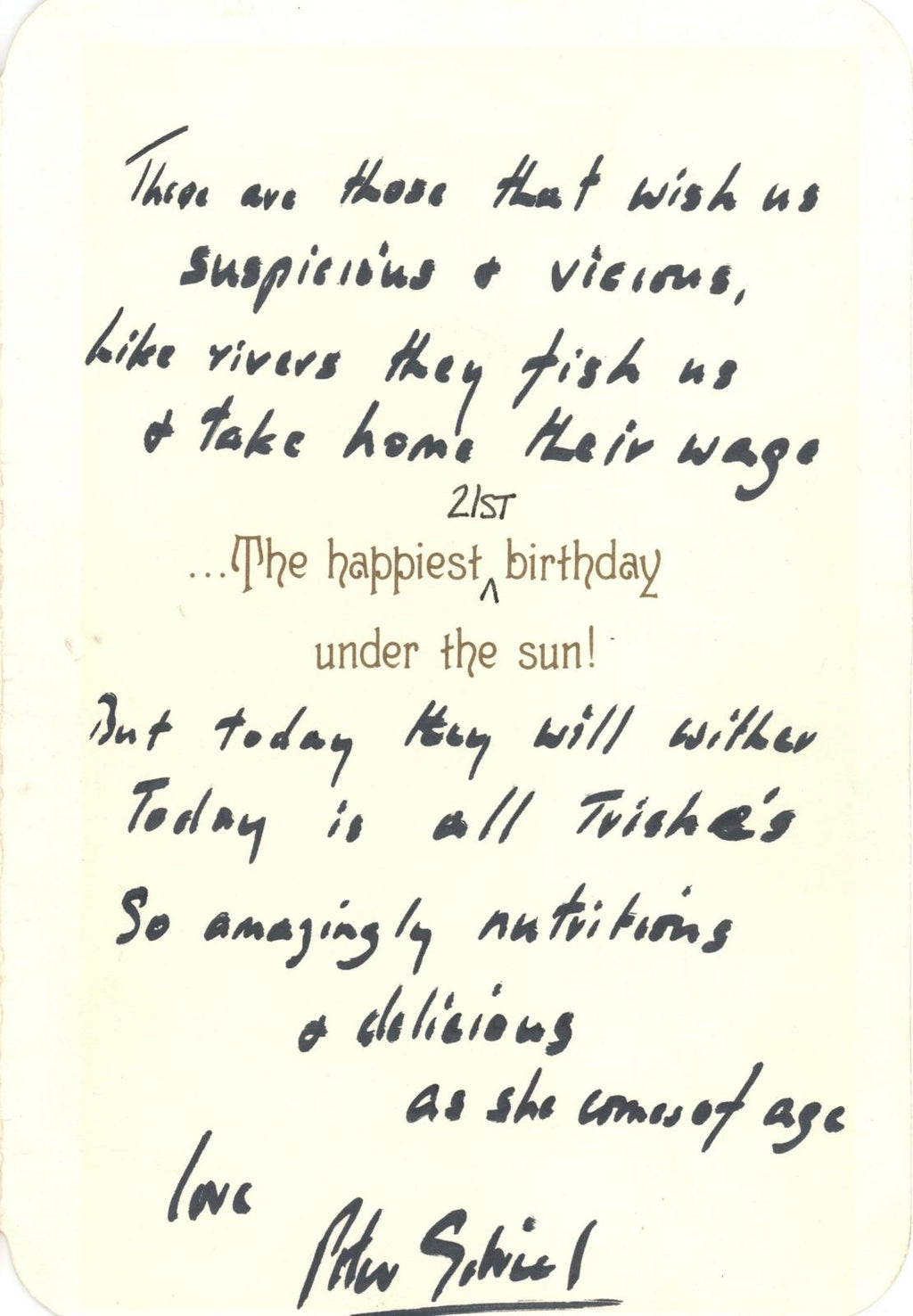 Peter Gabriel Handwritten Birthday poem