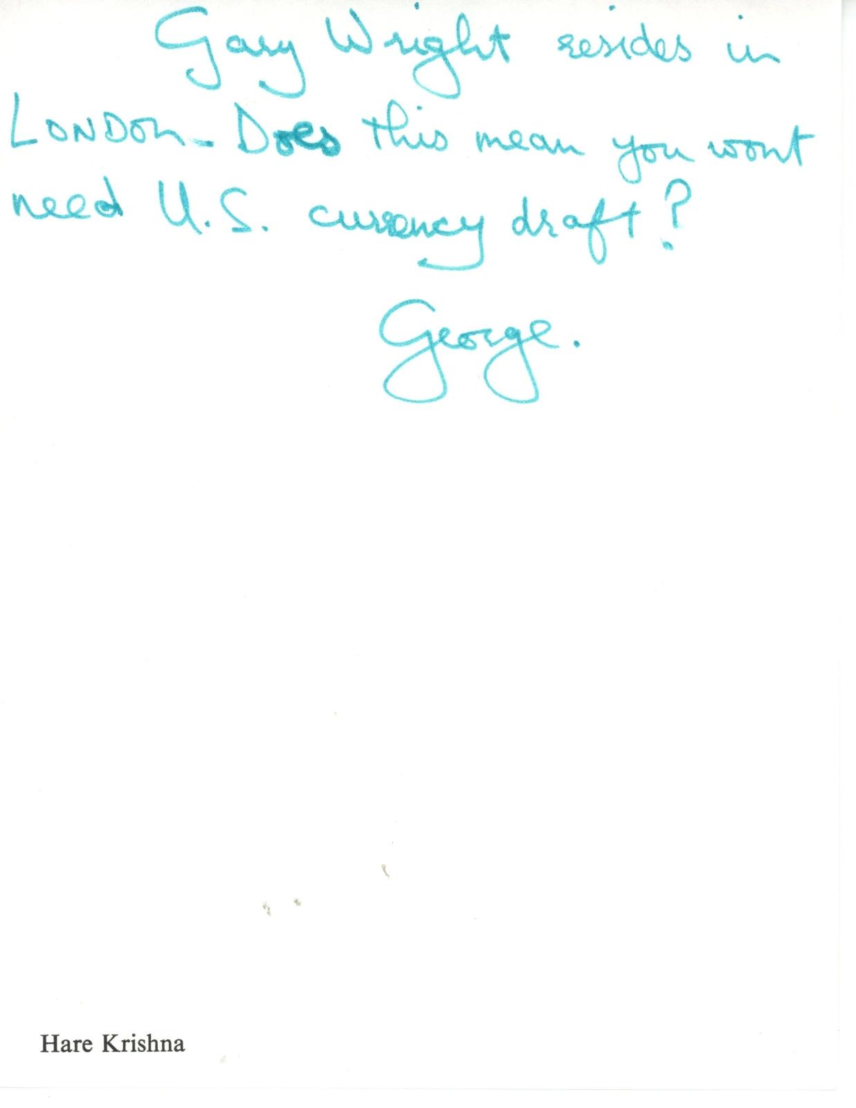 George Harrison signed and inscribed note to Gary Wright 1970