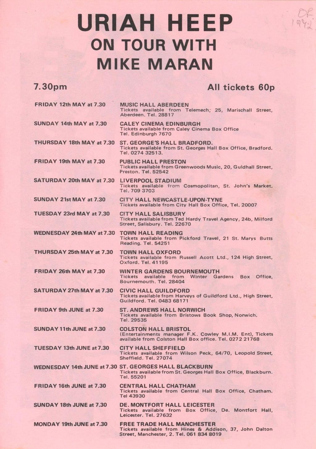 Uriah Heep on tour with Mike Maran Tour list