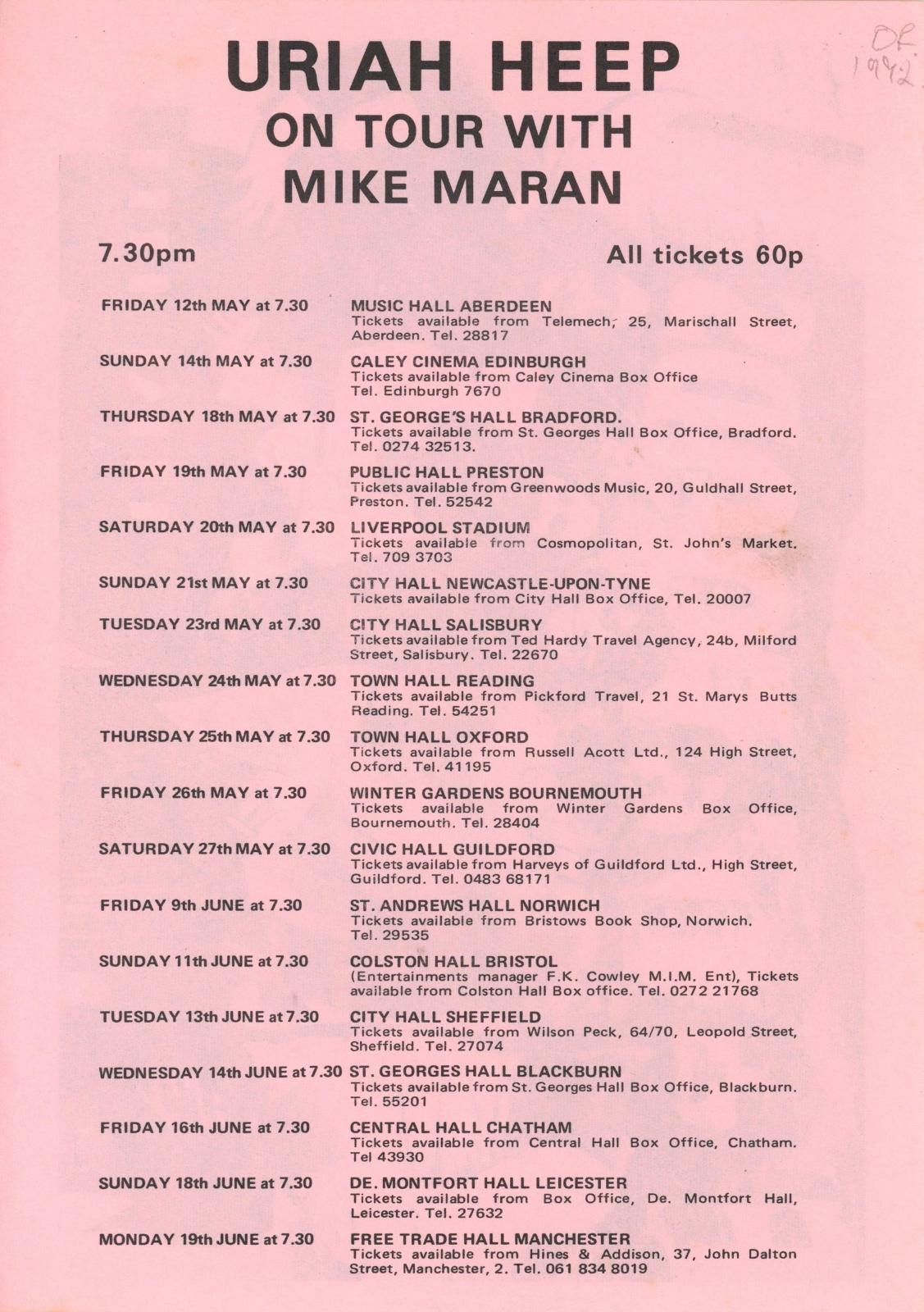 Uriah Heep on tour with Mike Maran Tour list