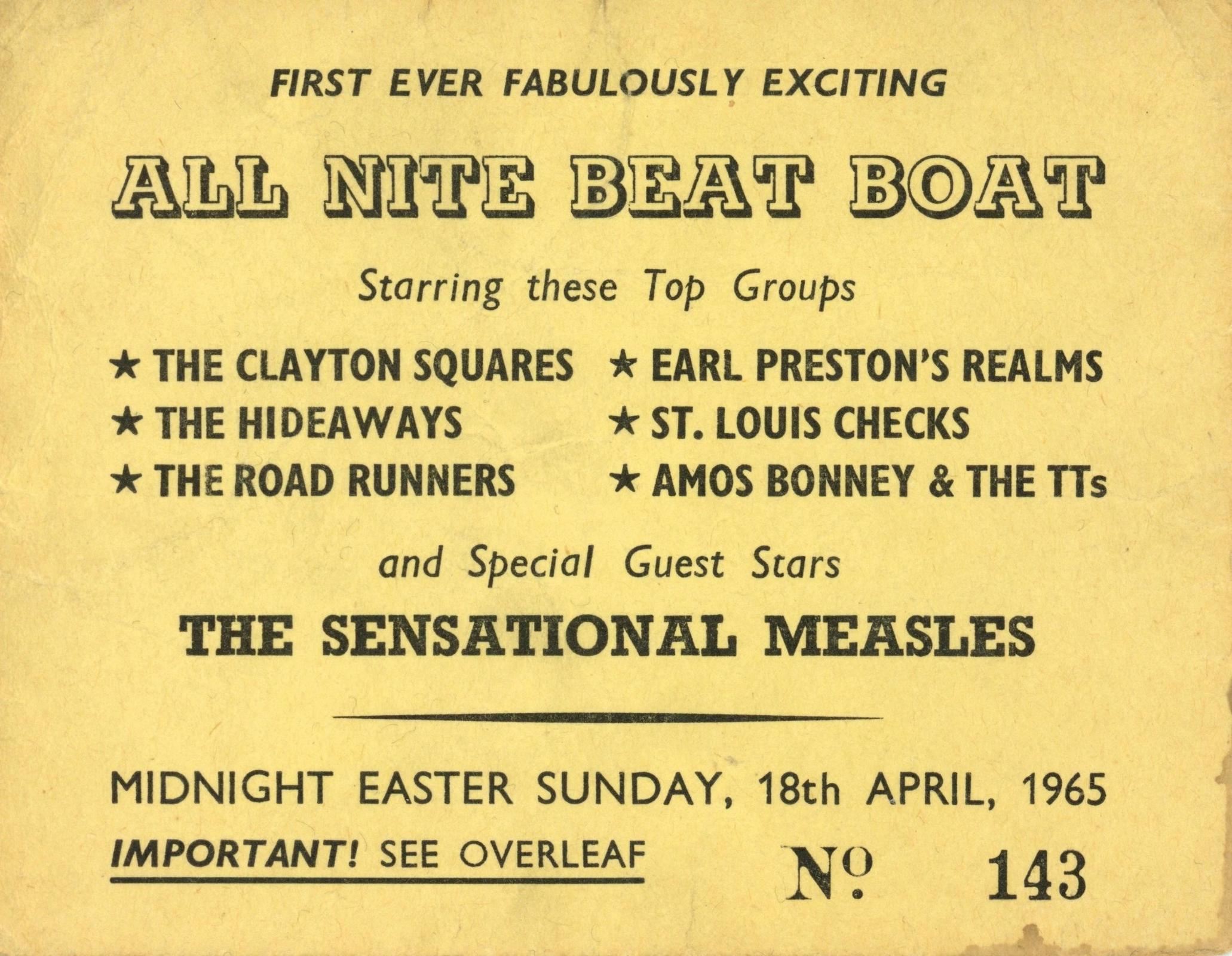 Bob Wooler 1965 All Night Beat Boat Liverpool Concert Ticket