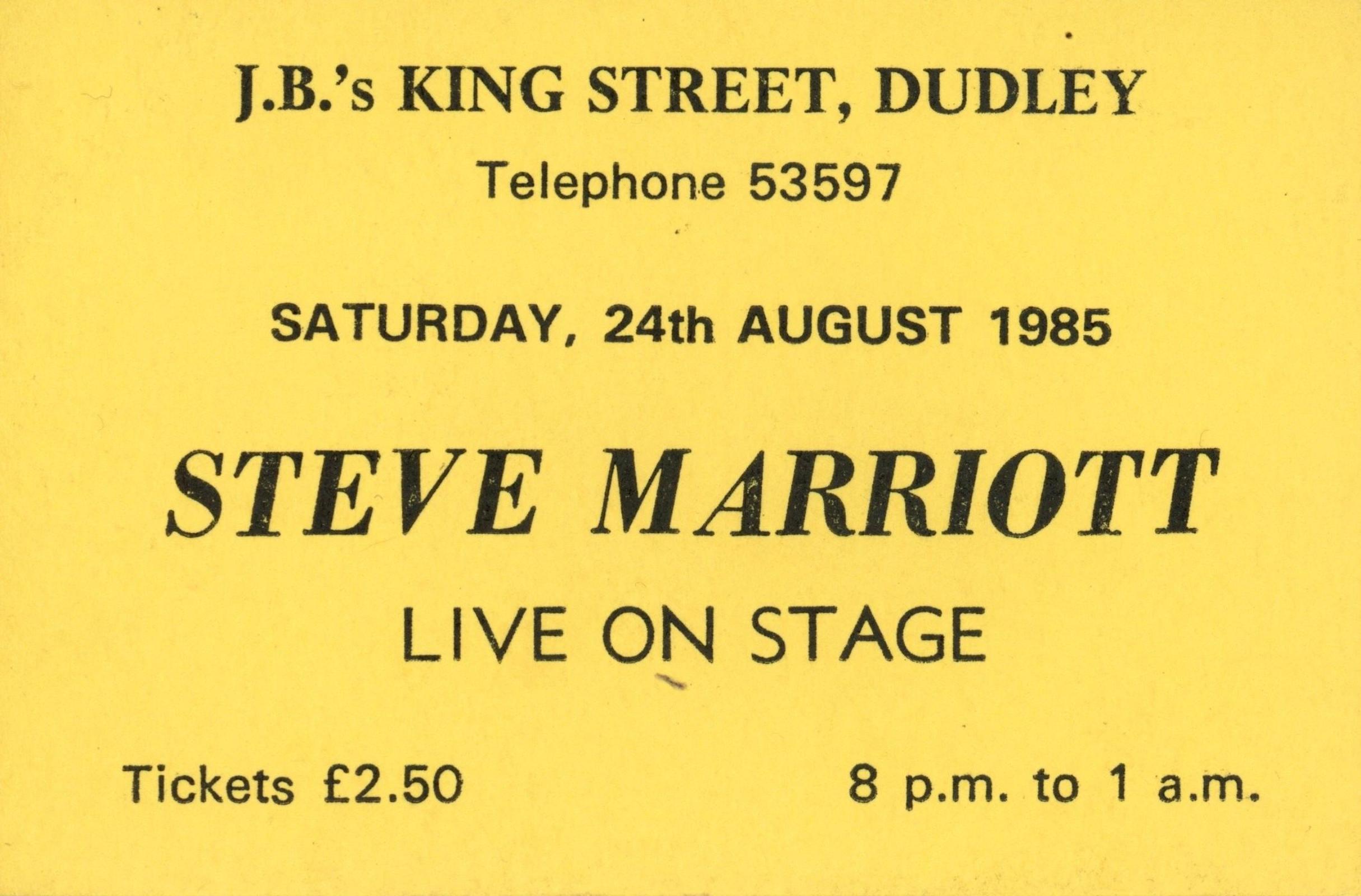 Steve Marriott JB’s concert ticket 1985