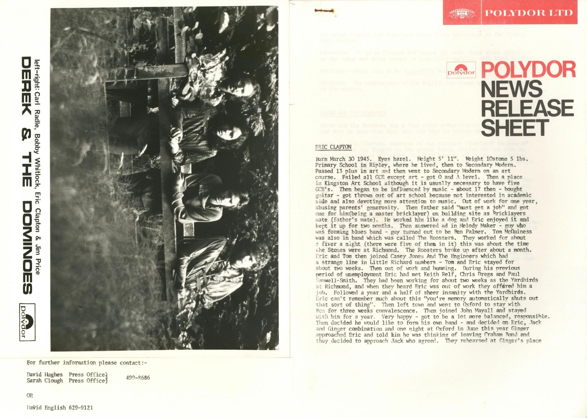 Derek & the Dominoes Polydor News Release Sheet