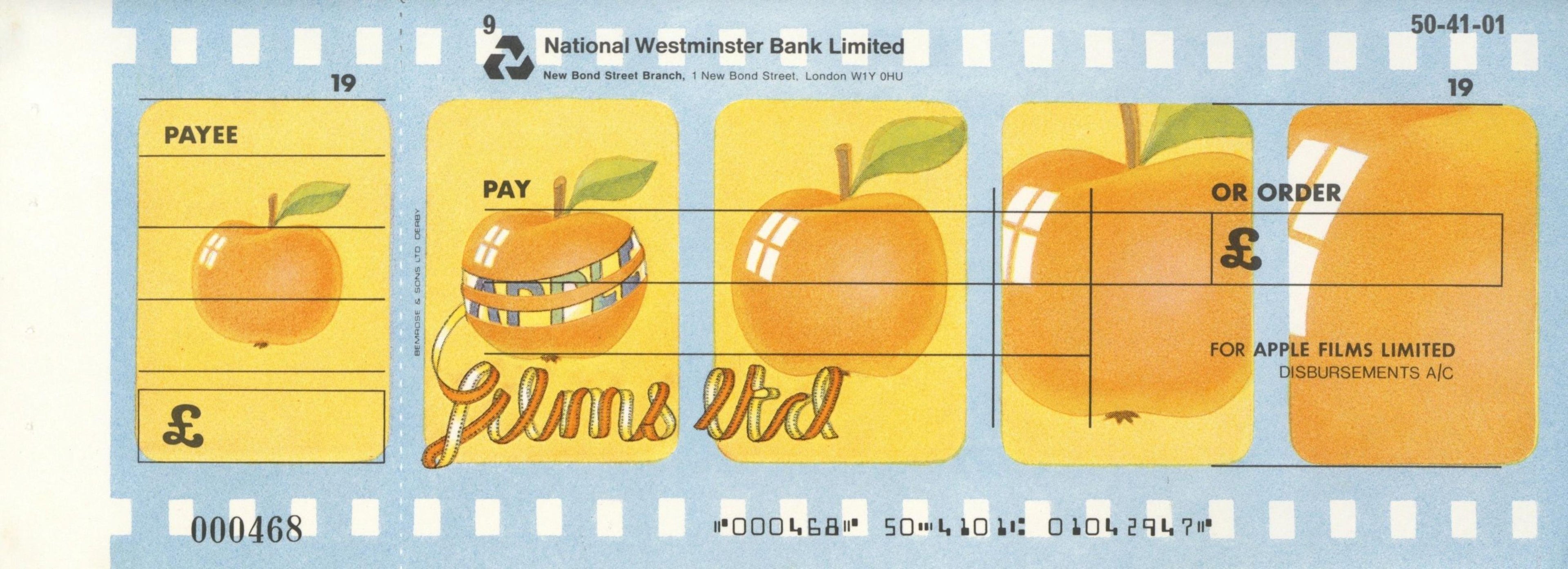 Unused Apple Films Limited Bank Cheque