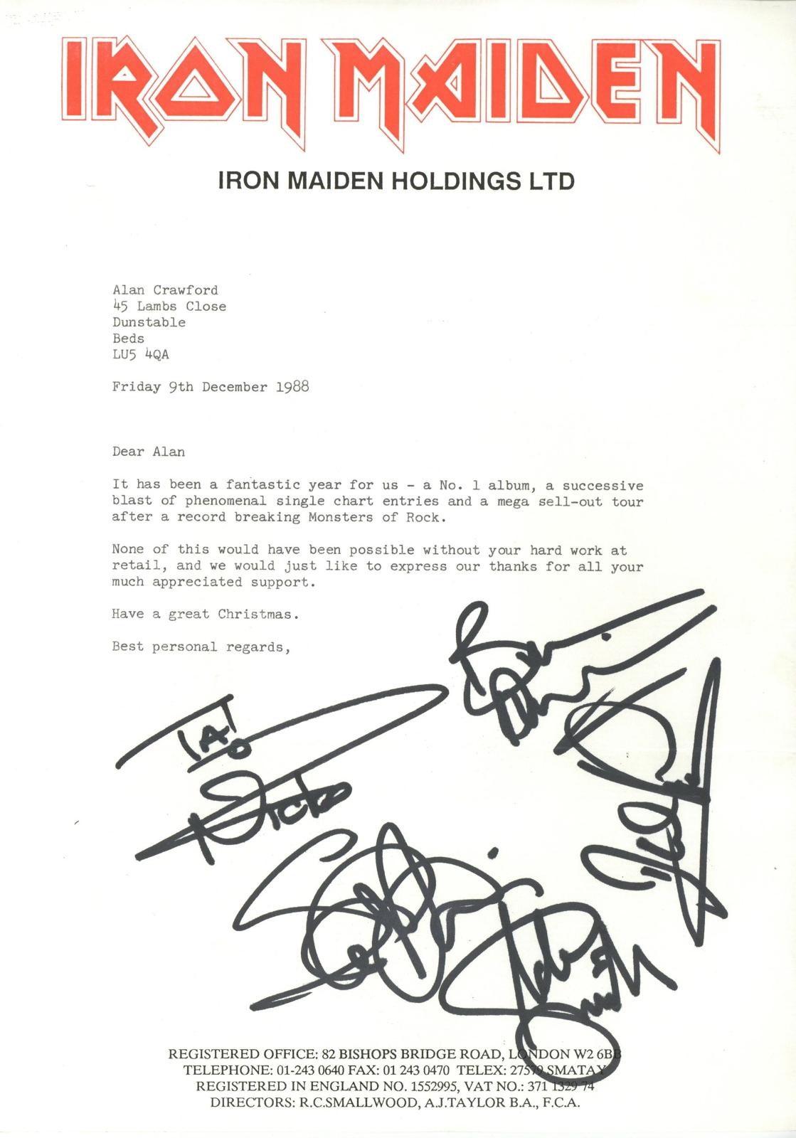 Iron Maiden signed letterhead