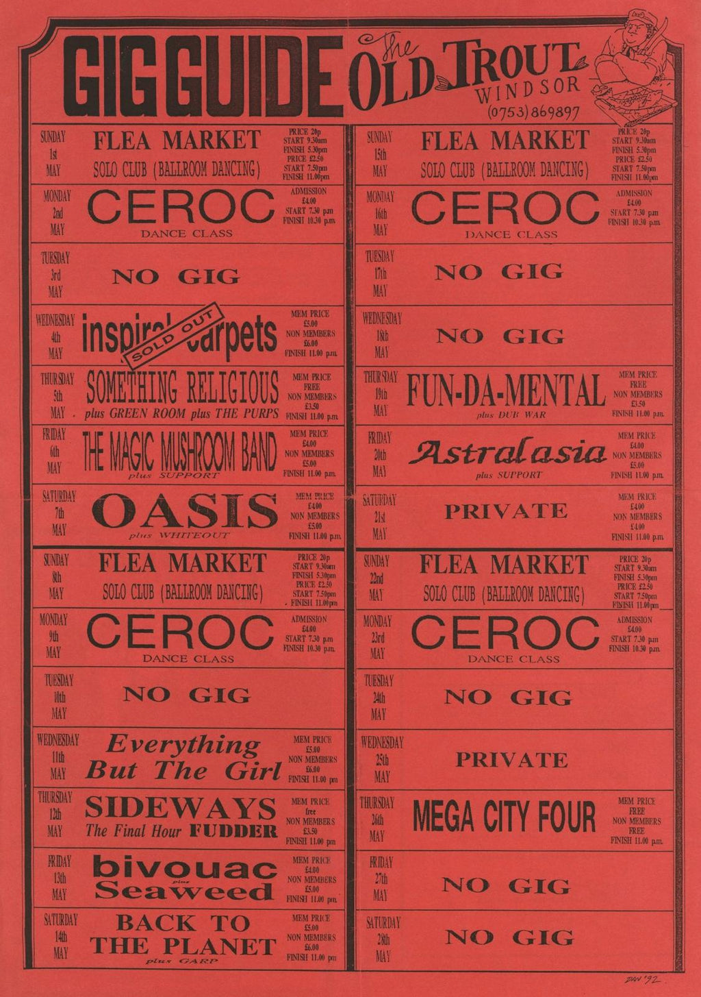 Oasis The Old Trout Windsor "Gig Guide" Flyer, 1994