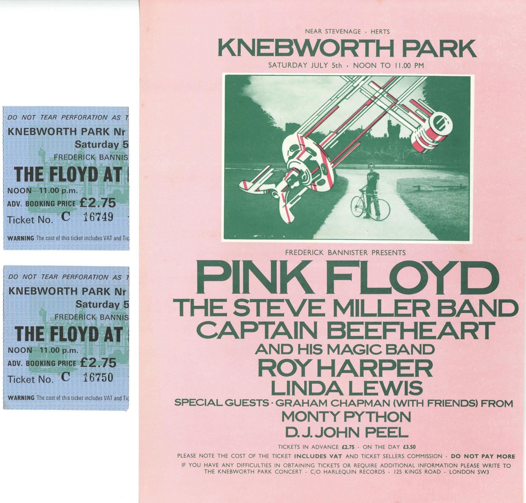 Pink Floyd Knebworth handbill and ticket stubs 1975