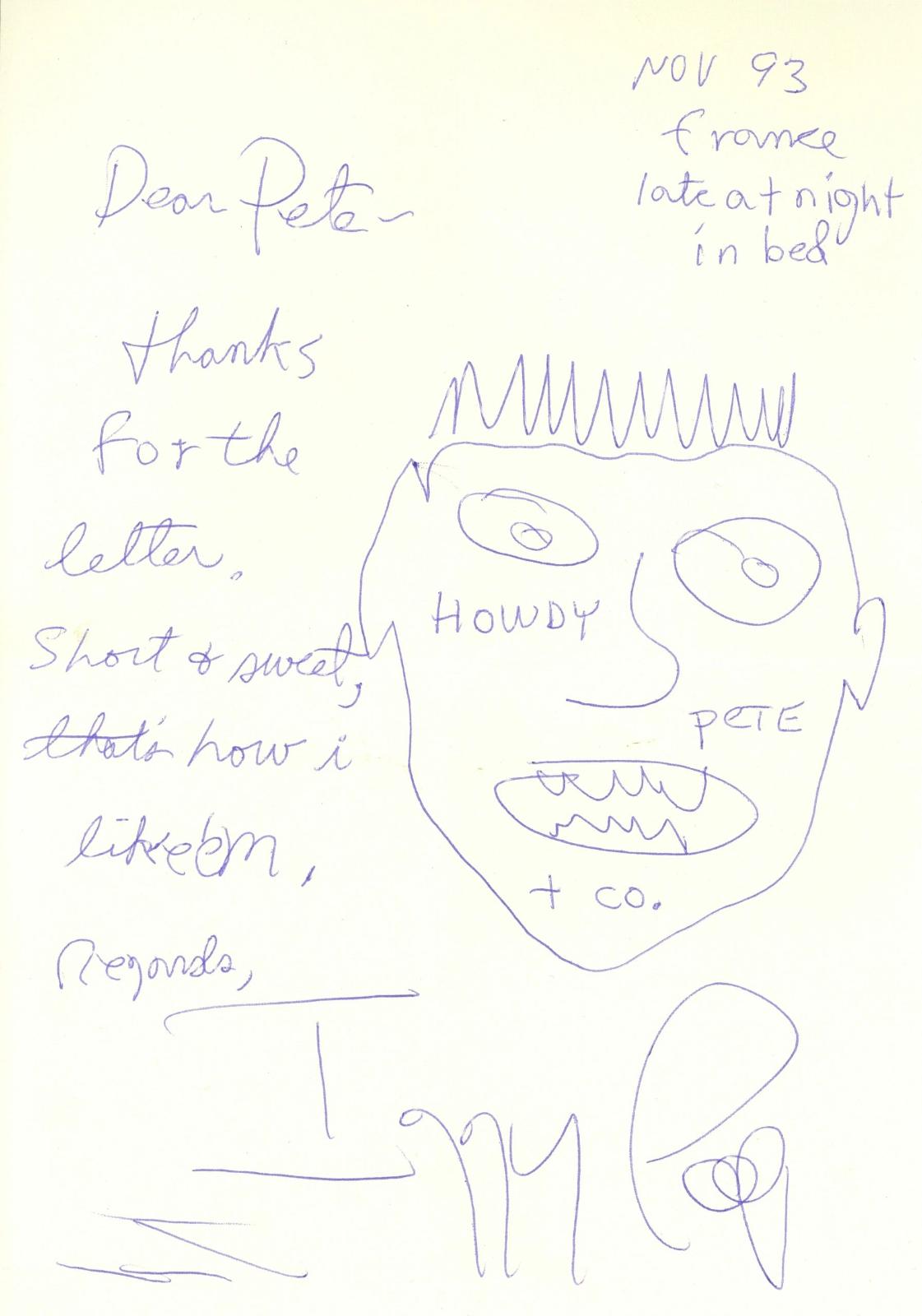 Iggy Pop handwritten Note and self portrait 1993