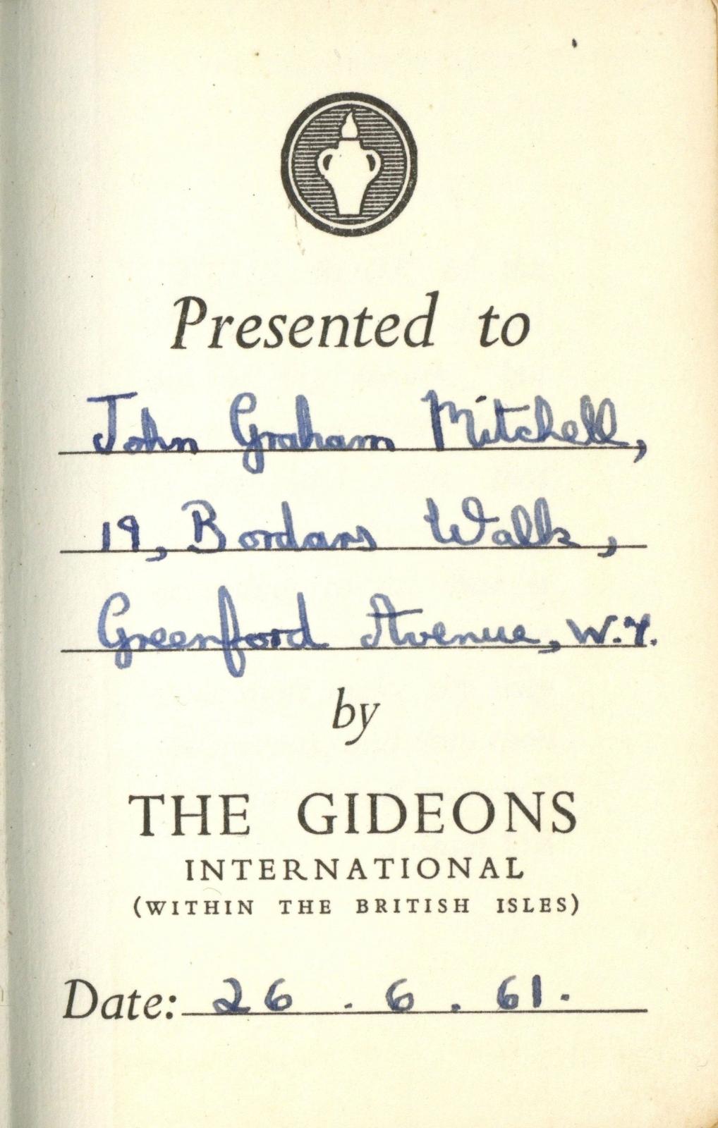 Mitch Mitchell’s 1961 Childhood Gideons Bible