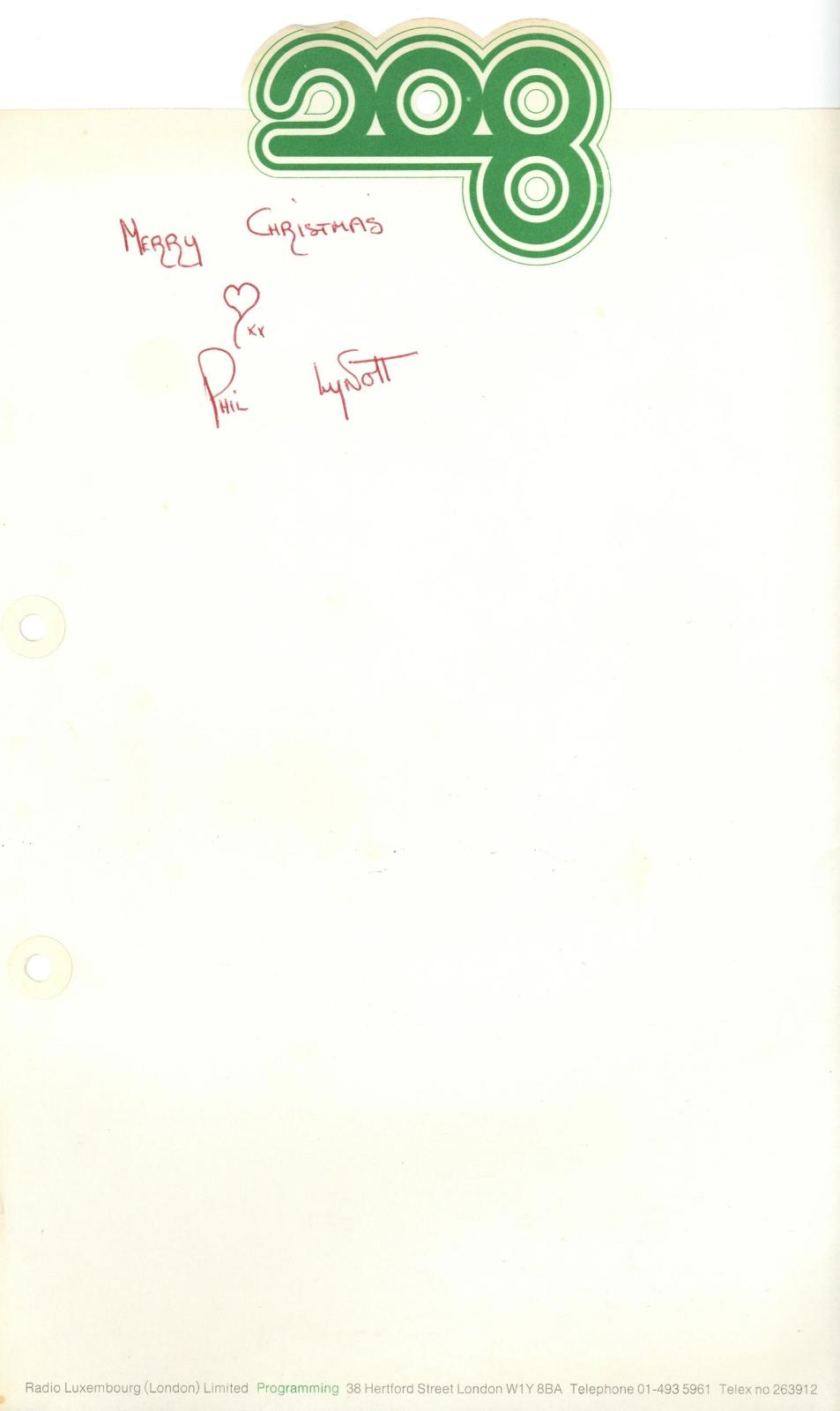 Phil Lynott signed Radio Luxembourg letterhead