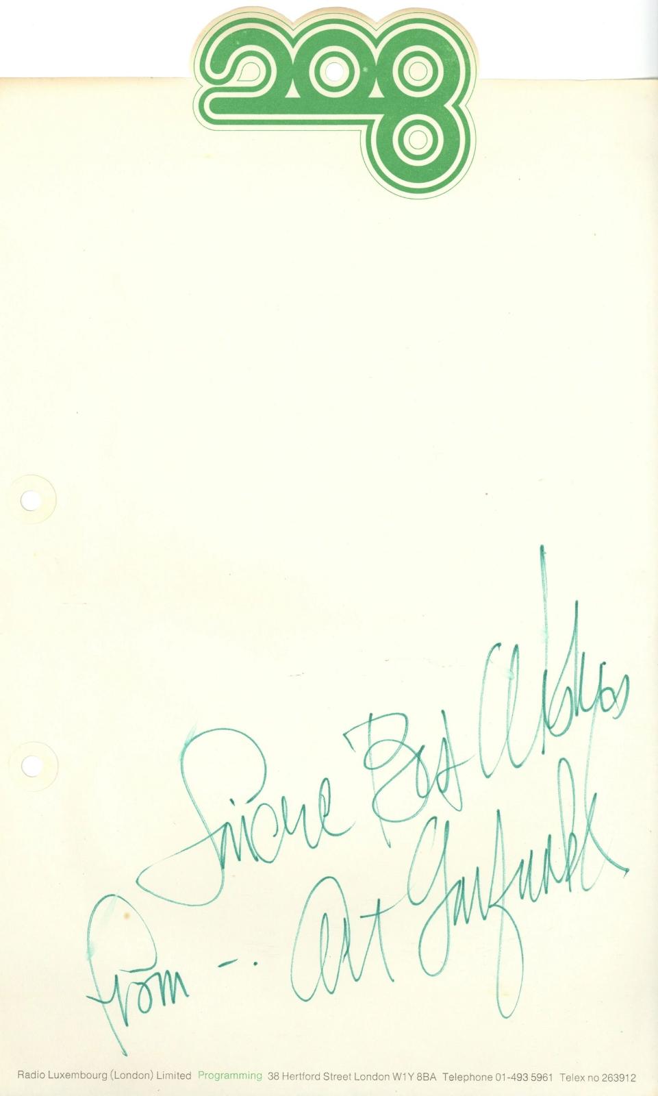 Art Garfunkel signed Radio Luxembourg letterhead